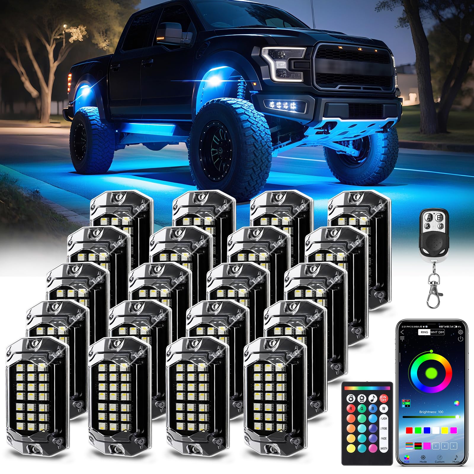 20 Pods Full Angle RGBW LED Rock Lights, 6500K Pure White RGB Rock Light for Semi Truck Jeeps Trailer Pickup Offroad Boat RV Underbody 12V Waterproof
