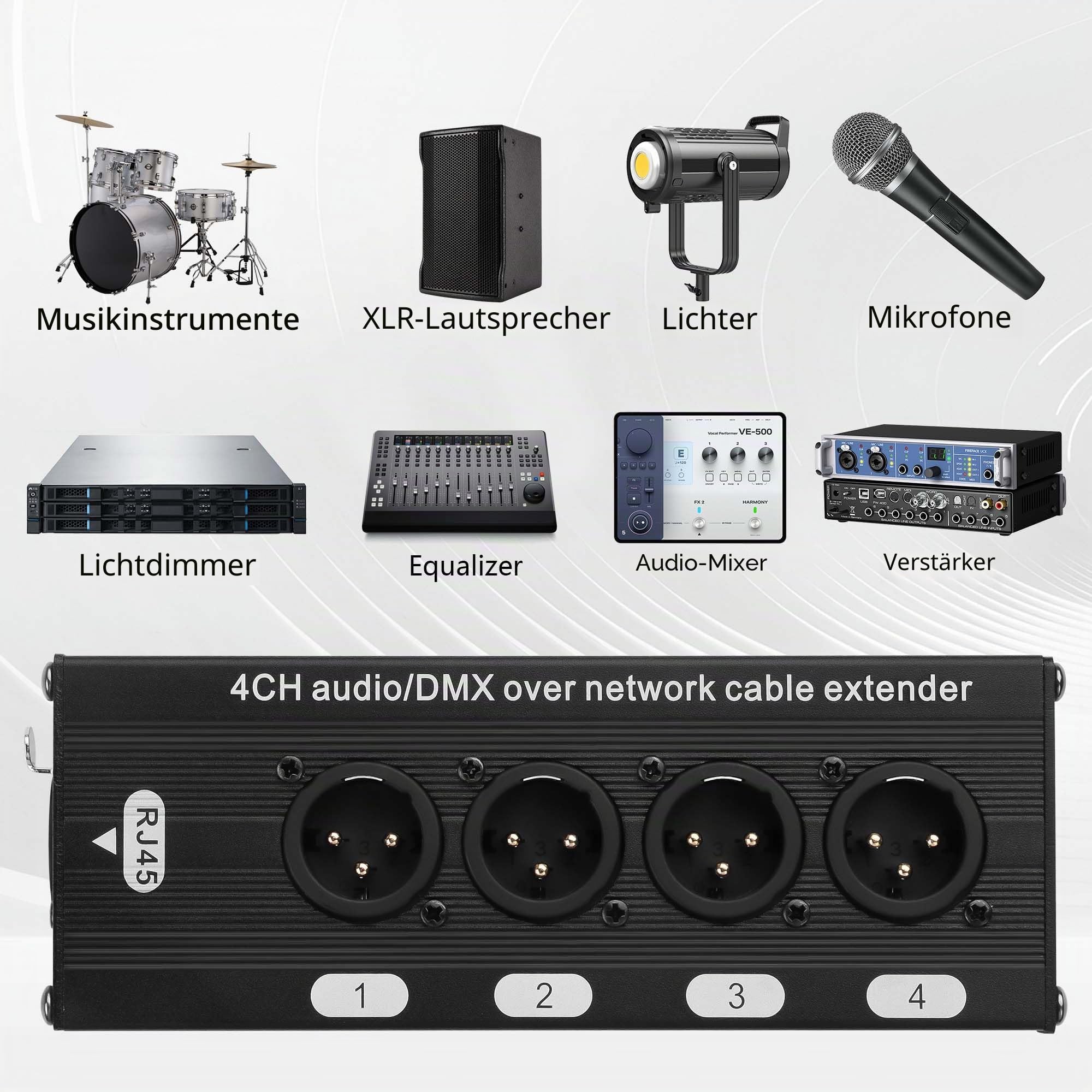 GINTOOYUN 2PCS 4-Kanal DMX XLR zu Ethernet Extender Male zu RJ45 Ethercon Kabel Multi Extender für Bühnenbeleuchtung und Home Recording Studio kompatibel