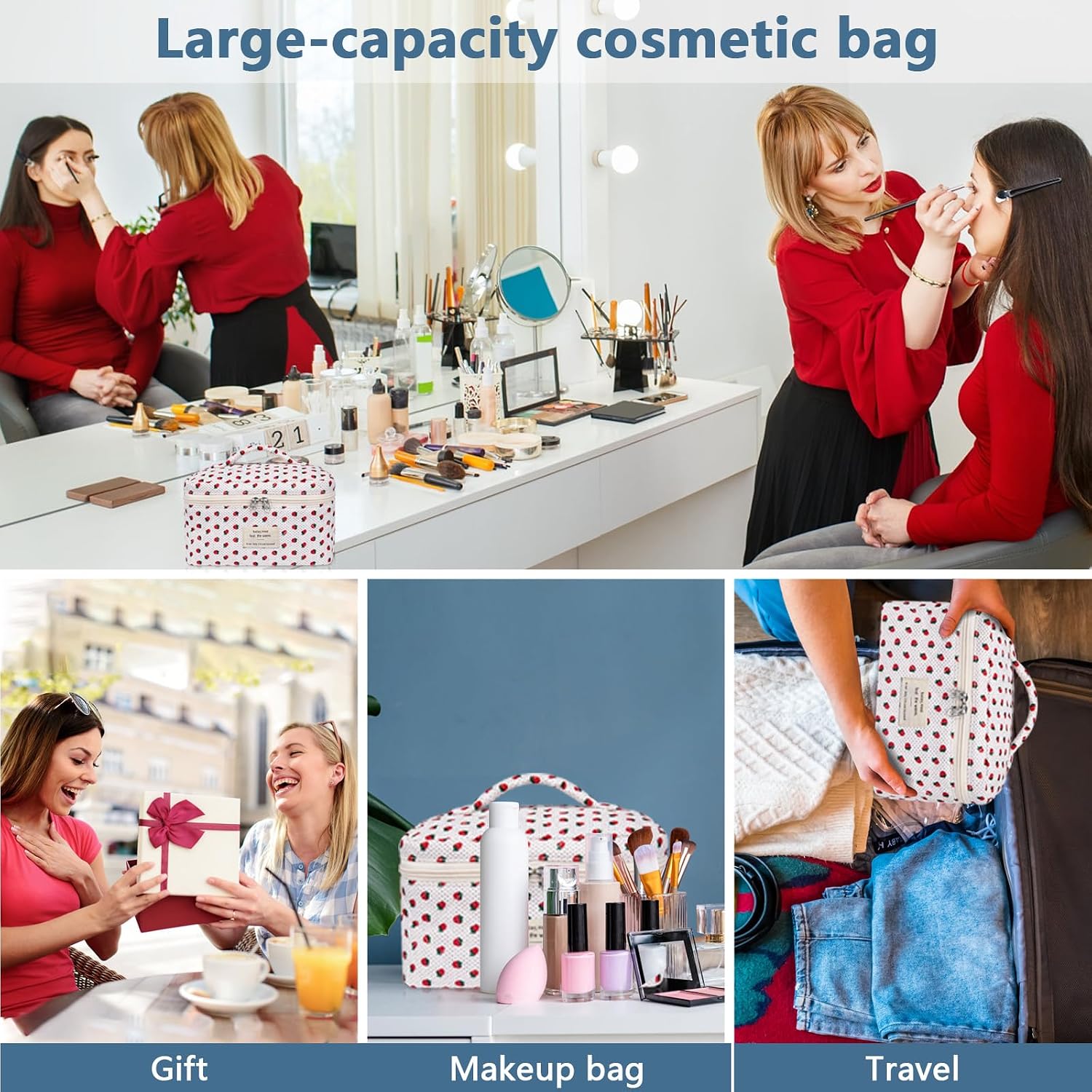 Gosect Large Makeup Bag, Cute Cosmetic Bag for Women Girls, Floral Coquette Aesthetic Toiletry Bag, Travel Make Up Organizer Bag (Strawberry) thumbnail