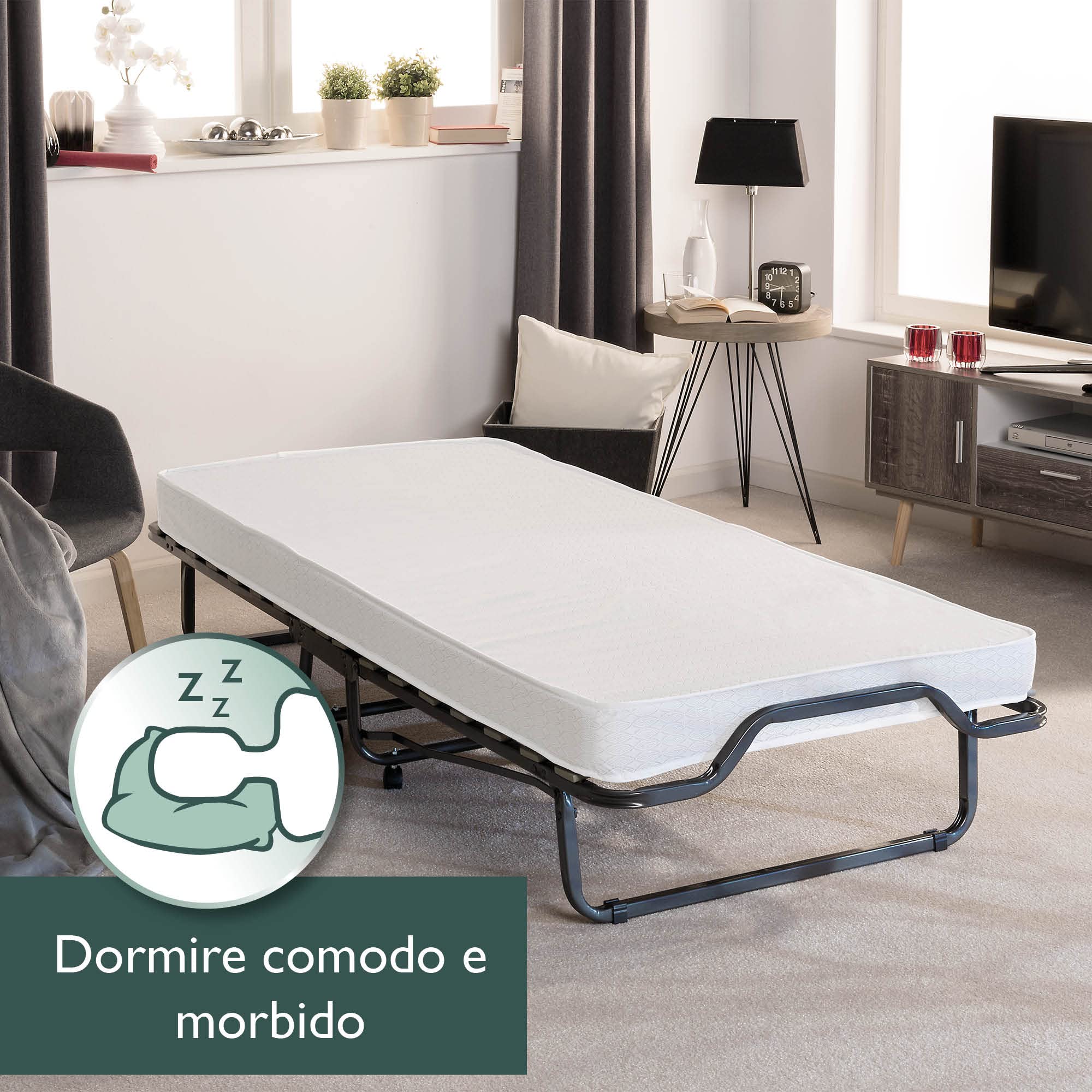 Beautissu Brandina Pieghevole con materasso e doghe in legno letto ospiti | 90x200cm singolo con fodera antipolvere protettiva e ruote comodo resistente lettino telaio acciaio viaggio campeggio Venetia