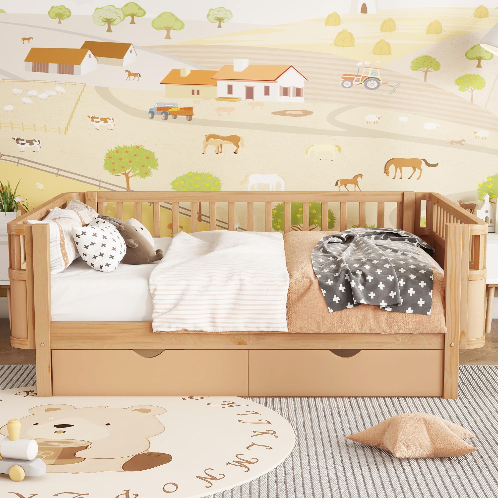 KEIKI Full Size Wooden Floor Bed w/Large Storage Drawers, Montessori Platform Bed Frame w/Removable Safety Rails, Space Saving Corner Kids Beds for Boys Girls Bedroom, No Box Spring Needed, Brown