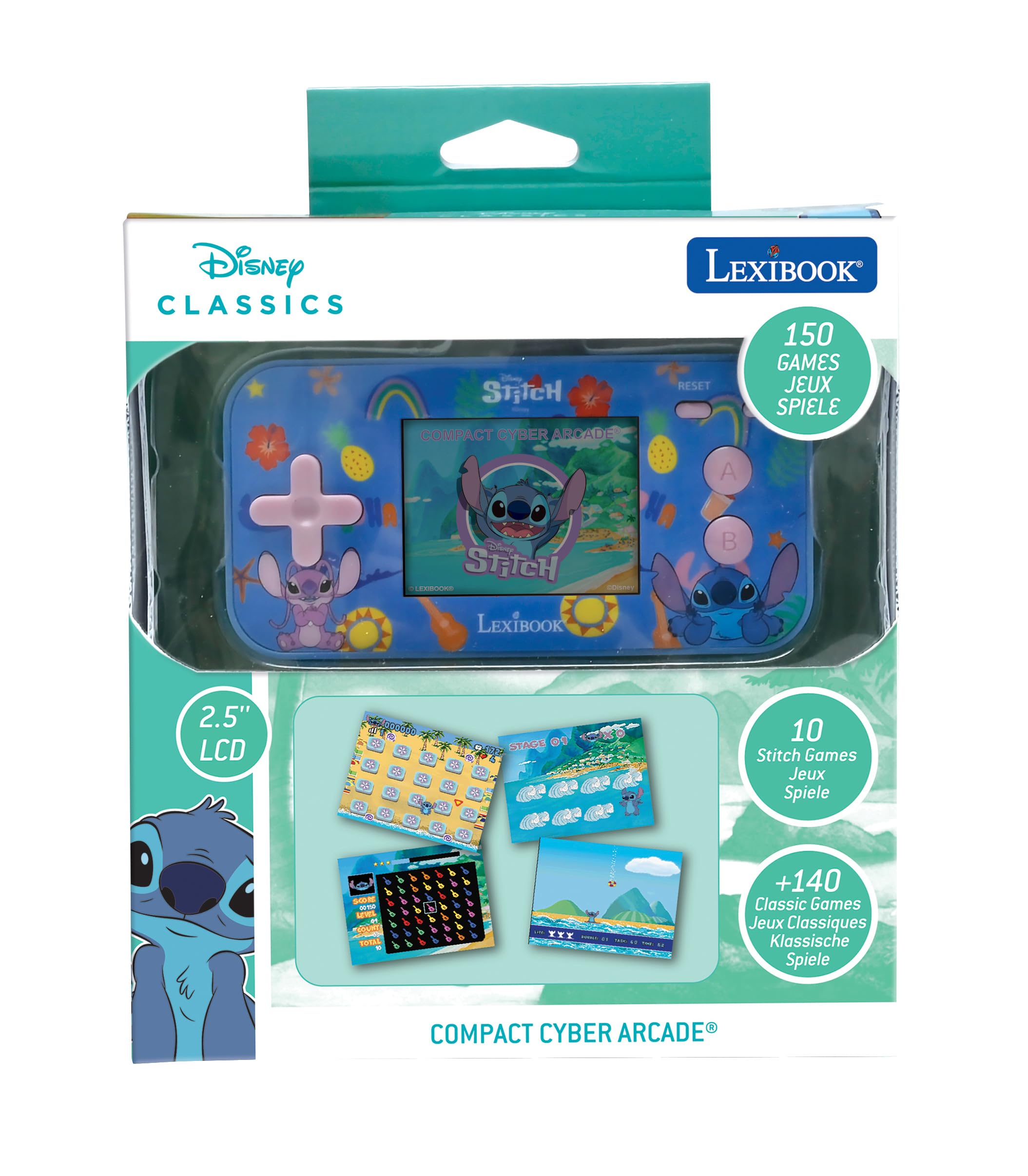 Lexibook - Disney Stitch - Console portatile compatta Cyber Arcade, 150 giochi, schermo LCD a colori, alimentazione a batteria, JL2367D