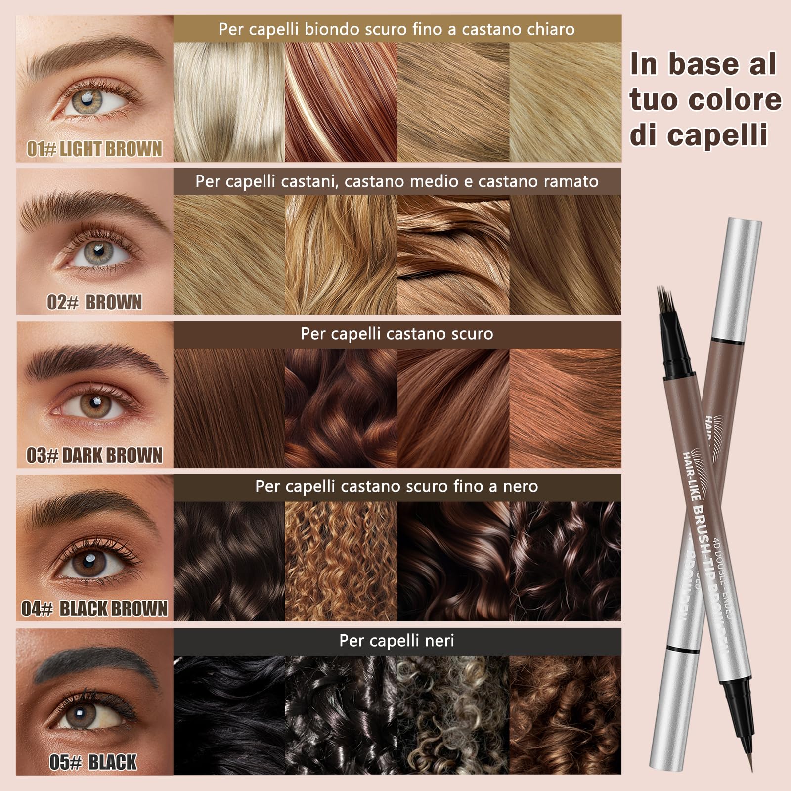 Erinde Matita Sopracciglia a Doppia Punta, Penna Sopracciglia Effetto Pelo 4D con Due Punte, Impermeabile e Anti-Sbavatura, a Lunga Durata, Riempimento Facile, Sopracciglia Naturali Effetto Pelo 02#