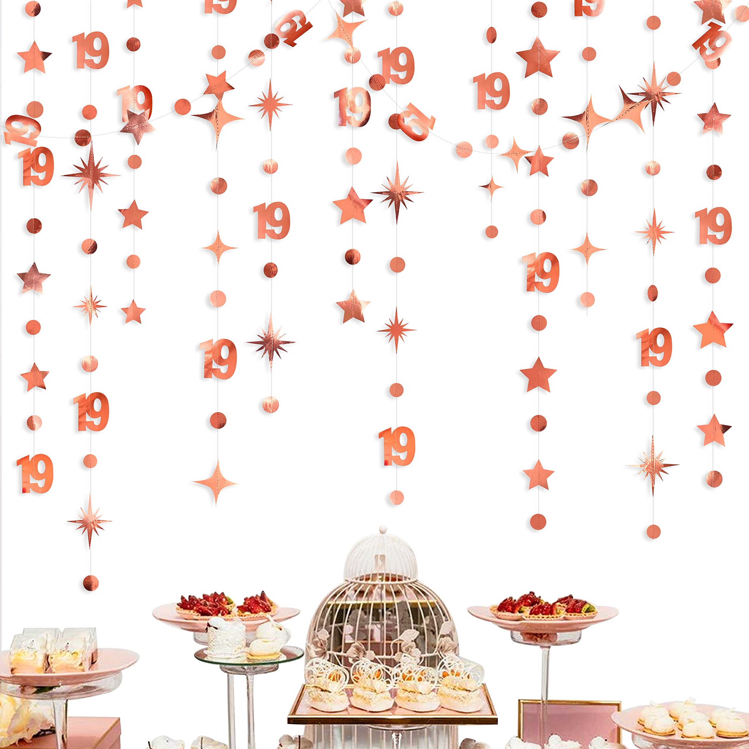 Roségoldene Dekoration zum 19. Geburtstag, Nummer 19, Kreis, Punkt, Stern, Girlande, Luftschlangen, Wimpelkette, Banner, Hintergrund für Mädchen, 19. Geburtstag, 19. Jahrestag, Partyzubehör