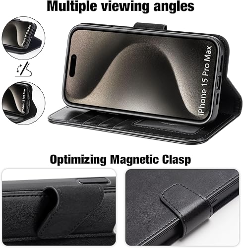 Miniatura 129 de Arae Compatible with iPhone 15 Case with Card Holder and Wrist Strap Wallet Flip Cover for iPhone 15 6.1 inch,Wine Red