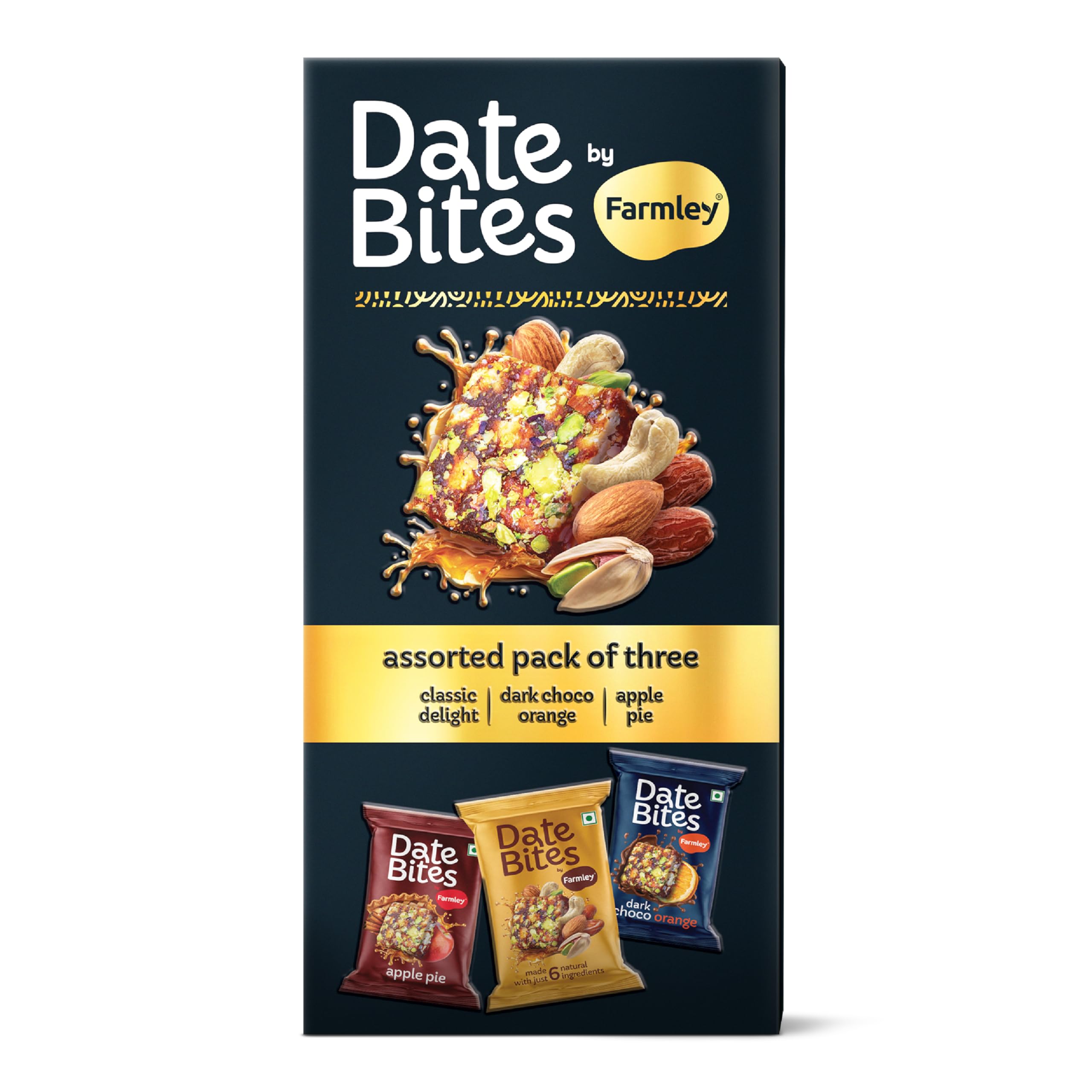 Farmley Date Bites Assorted Pack 60g( Dark Choco Orange, Apple Pie, Classic ) I 20g eachDates Barfi Made with Dates, Dried Apple,Orange, Cocoa Powder, Pista, Cashews, Almonds, Honey, Cinnamon and Pure Ghee I Dry Fruits Nuts, Gluten Free, No Added Sugar-image-0