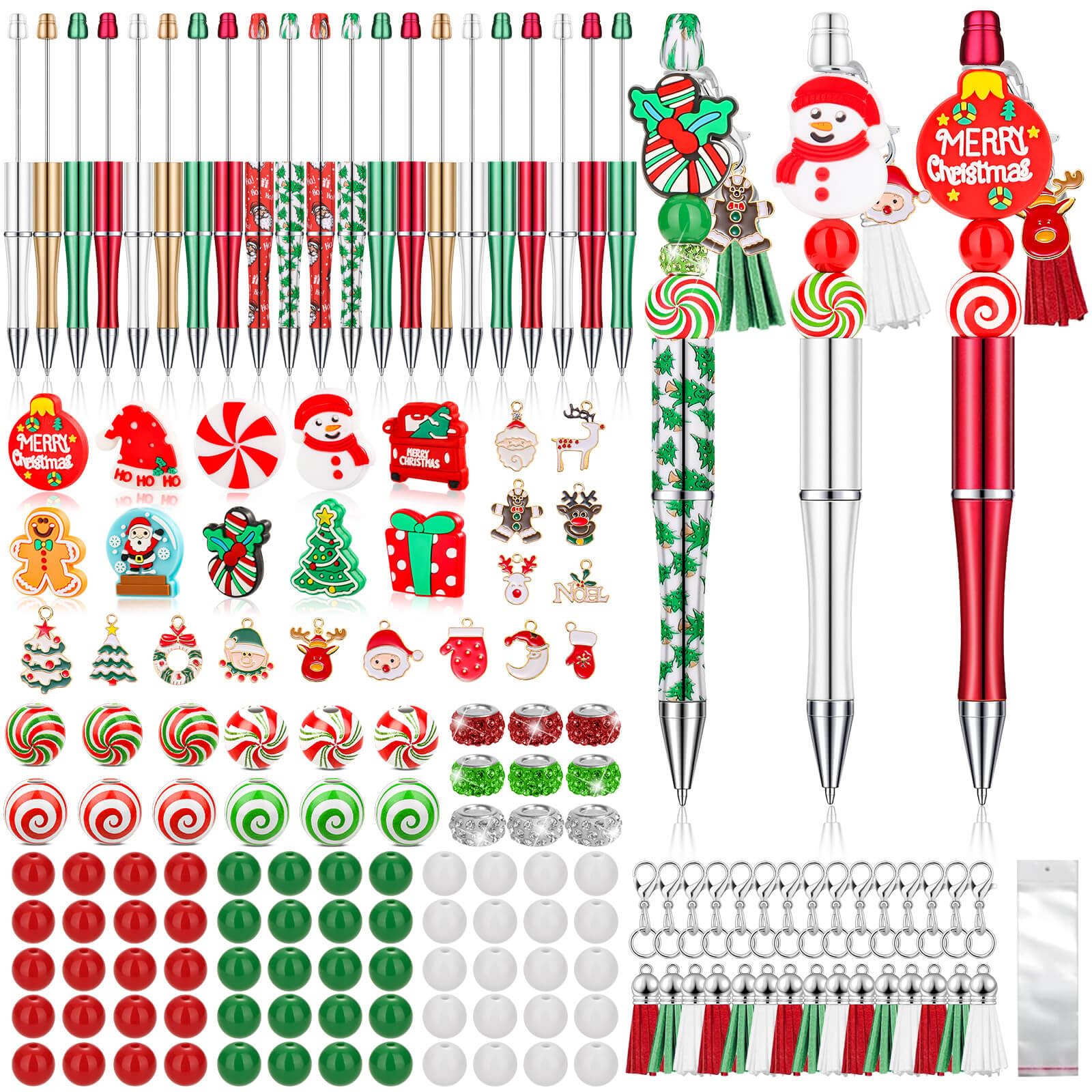 Tetutor 220 Pcs Christmas Beaded Pens Bulk,22 Sets Christmas Pens Bulk with Christmas Focal Beads, Silicone Beads, Christmas Charms and Tassels, DIY