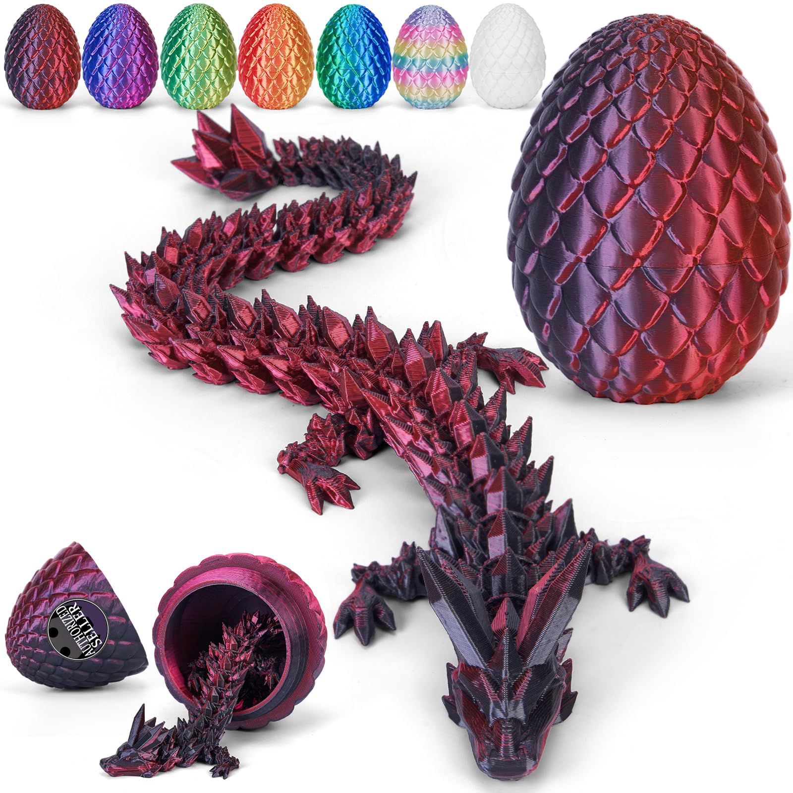 Merrwon 3D-Gedruckter Drache (28,5 cm) mit Drachenei – Ostern Spielzeug und Deko, Ostergeschenke Kinder, Schwarz-rot