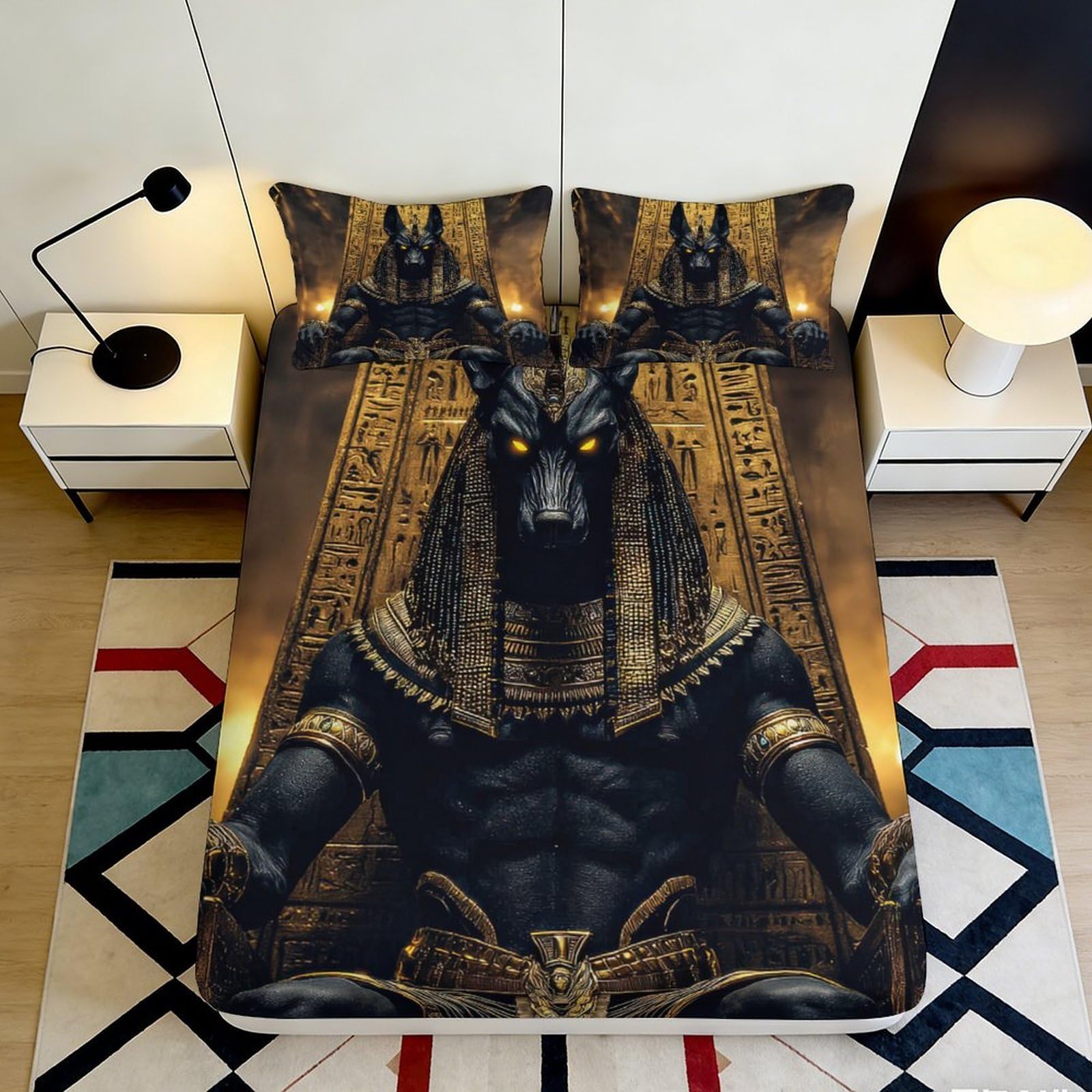3D Printed Egyptian Anubis Fitted Sheet Microfiber Soft Black Gold Ancient Temple Bed Cover for Bedroom Decor 90x200x25cm