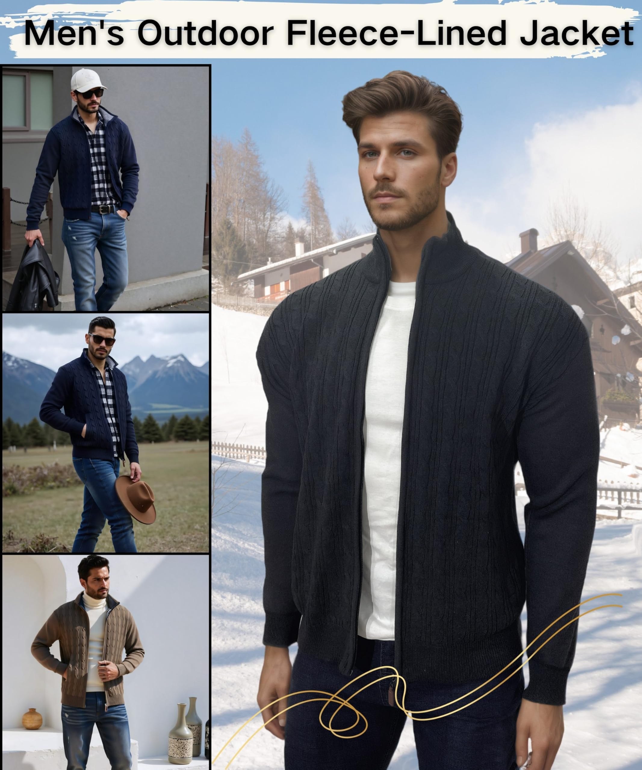 Cárdigan para Hombre Cuello Alto Cremallera Forro Polar Chaqueta Invierno Punto Fino