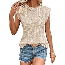 Women's Summer Tops Casual Crewneck Cap Sleeve Shirts Lightweight Crochet Knit Texture Tank Top Blouses