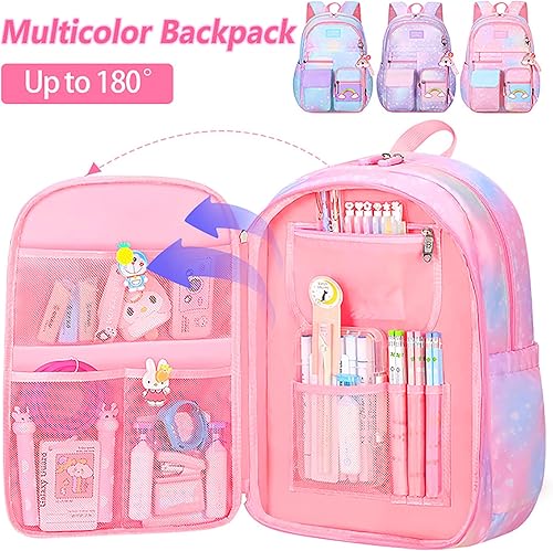 Miniatura 6 de Juego de 5 mochilas kawaii para niñas, bolsa para portátil de arcoíris de 17 pulgadas, mochila de doble hombro de gran capacidad, Púrpura, Tamaño