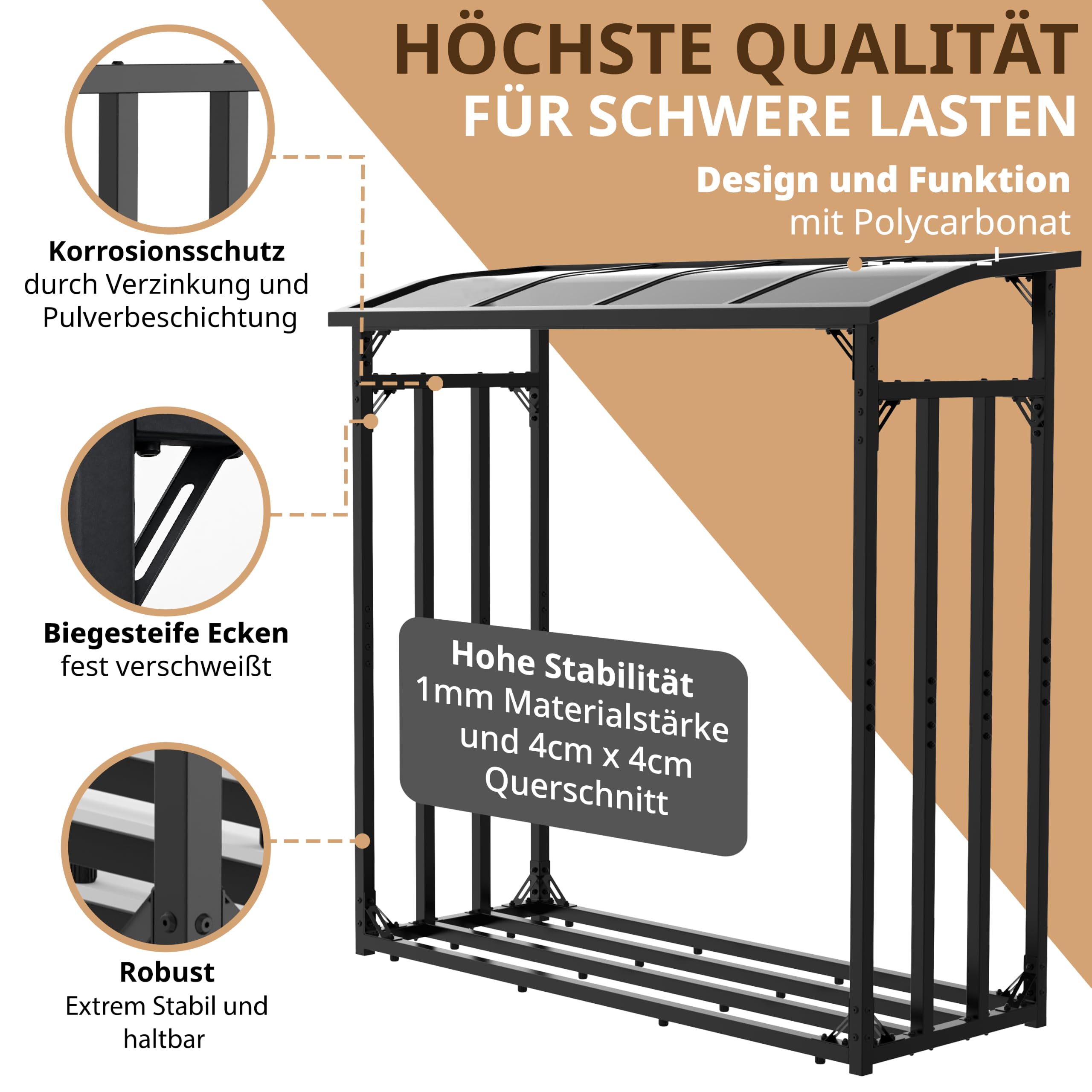 Scaffale per legna da ardere in metallo per esterni con tetto, 185 x 70 x