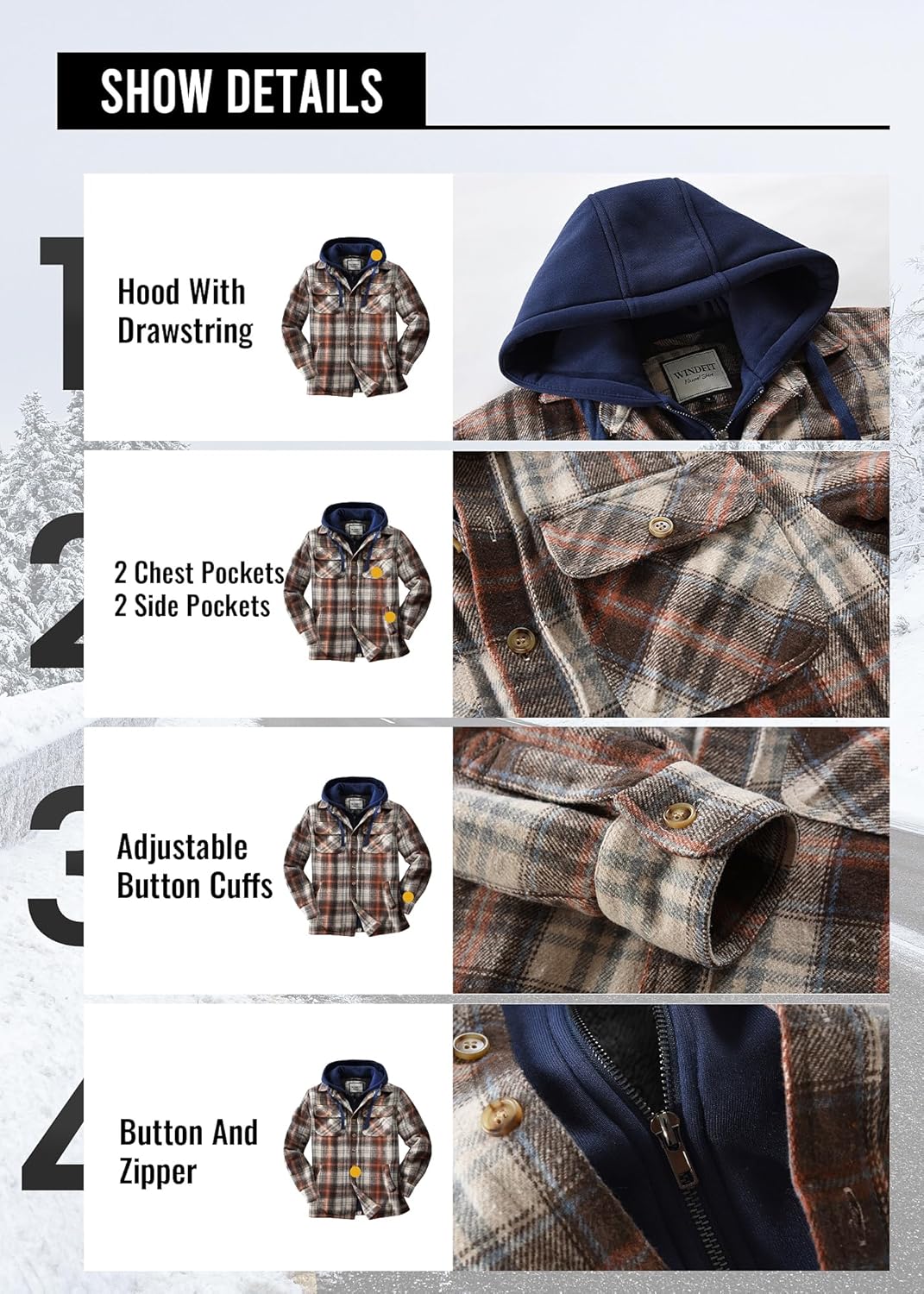 KOMANA Men's Zip Button Sherpa Plaid Flannel Shirt Jacket with Hood