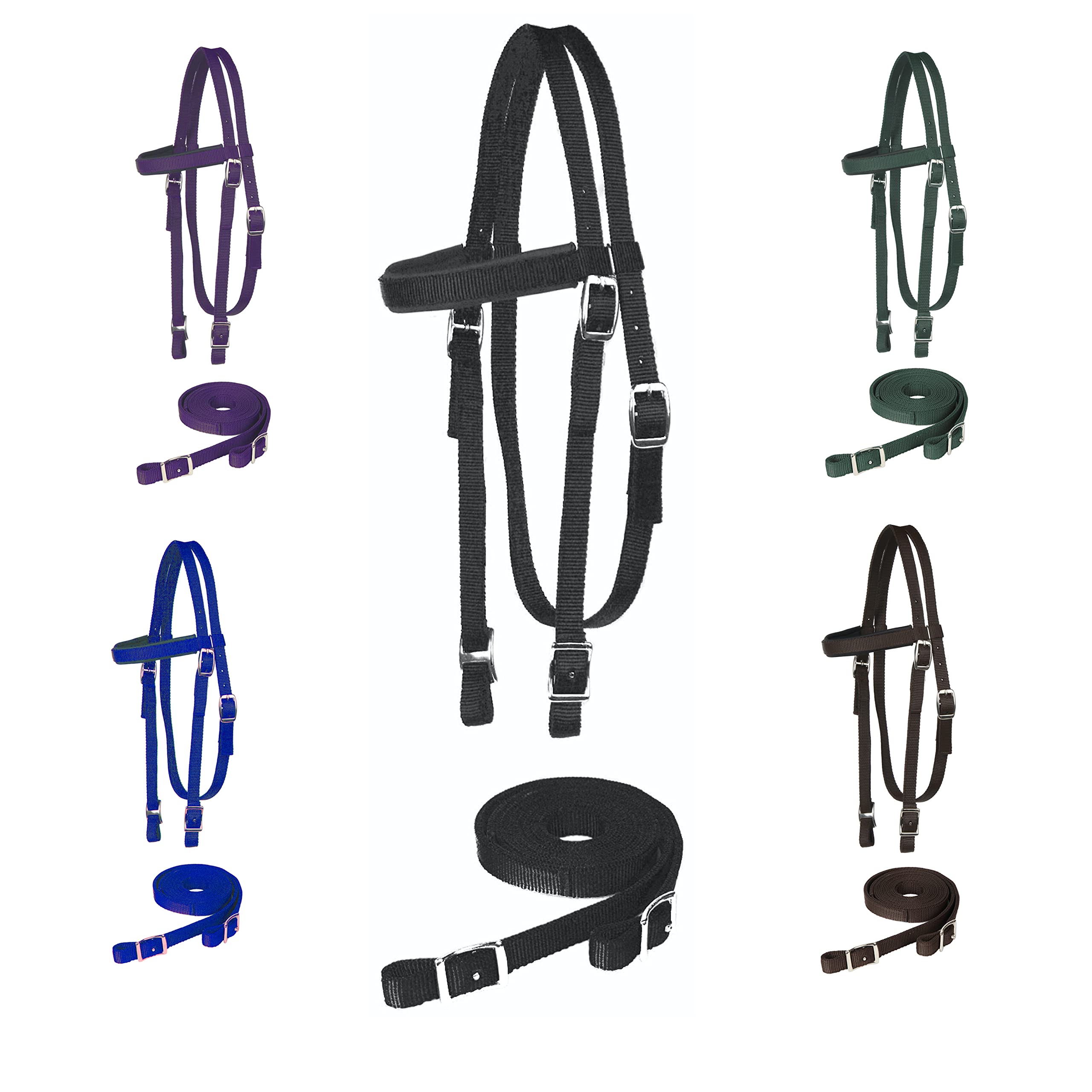 Majestic AllyNylon Padded Browband Headstall with Reins for Horses (Black, Full)