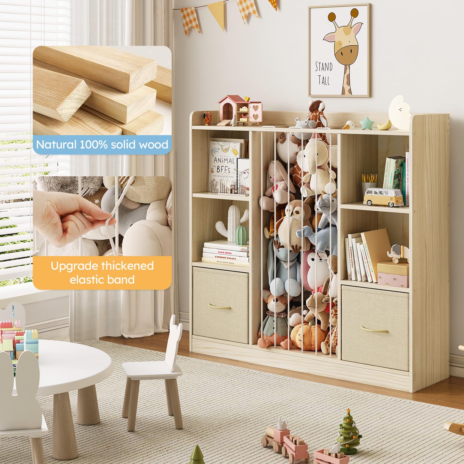 Organizer per giocattoli con contenitore per peluche, organizer per giocattoli in legno e animali di peluche, 6 scaffali a cubo con cassetti rimovibili, libreria 4 in 1 per la cameretta dei bambini
