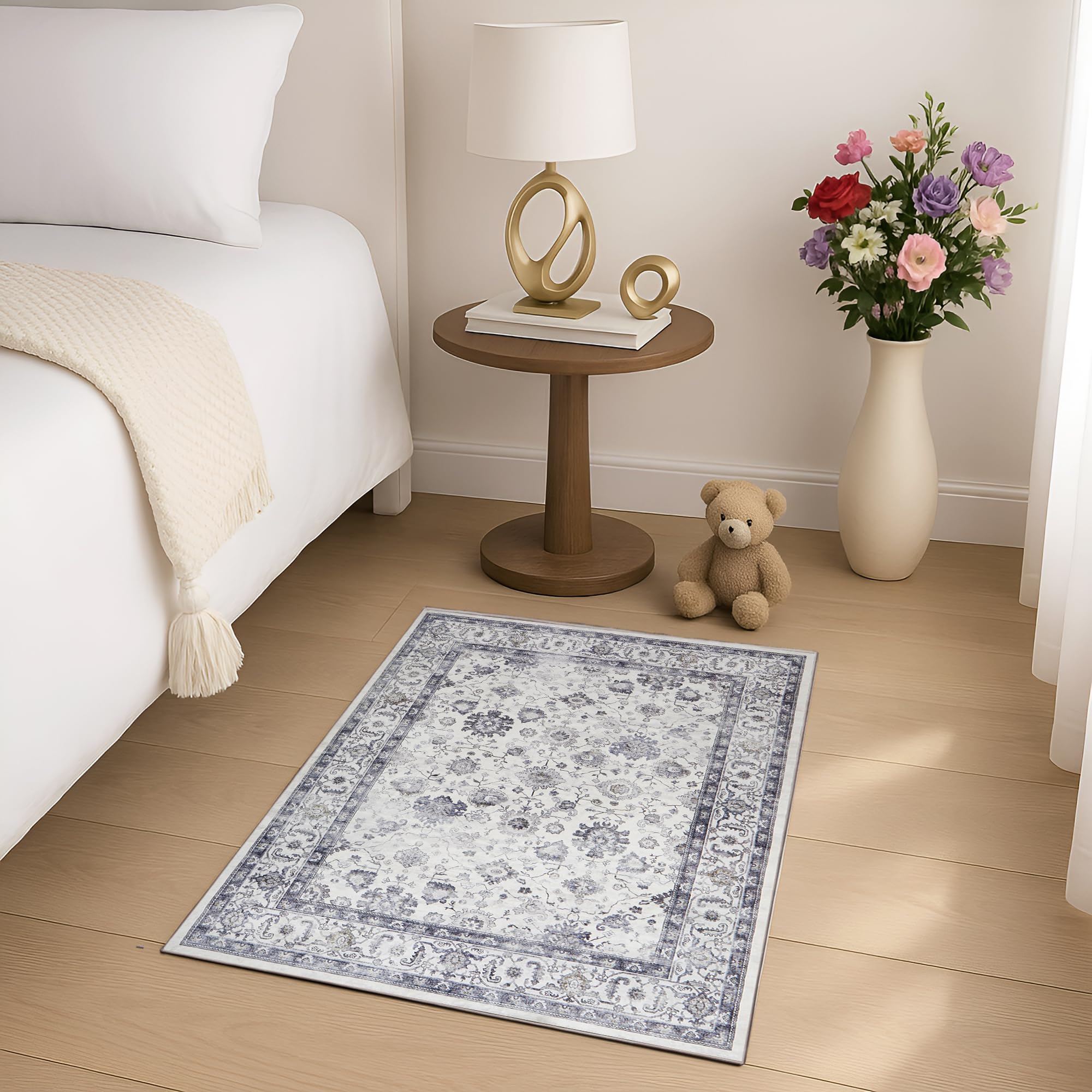BedLooms Washable Rugs Living Room Grey Area Rugs for Bedroom Boho Rug 60x110 cm – Non Slip Traditional Vintage Boho Cashmere Design Floor Carpet Floral Bedside Rug (Serene) — image 1