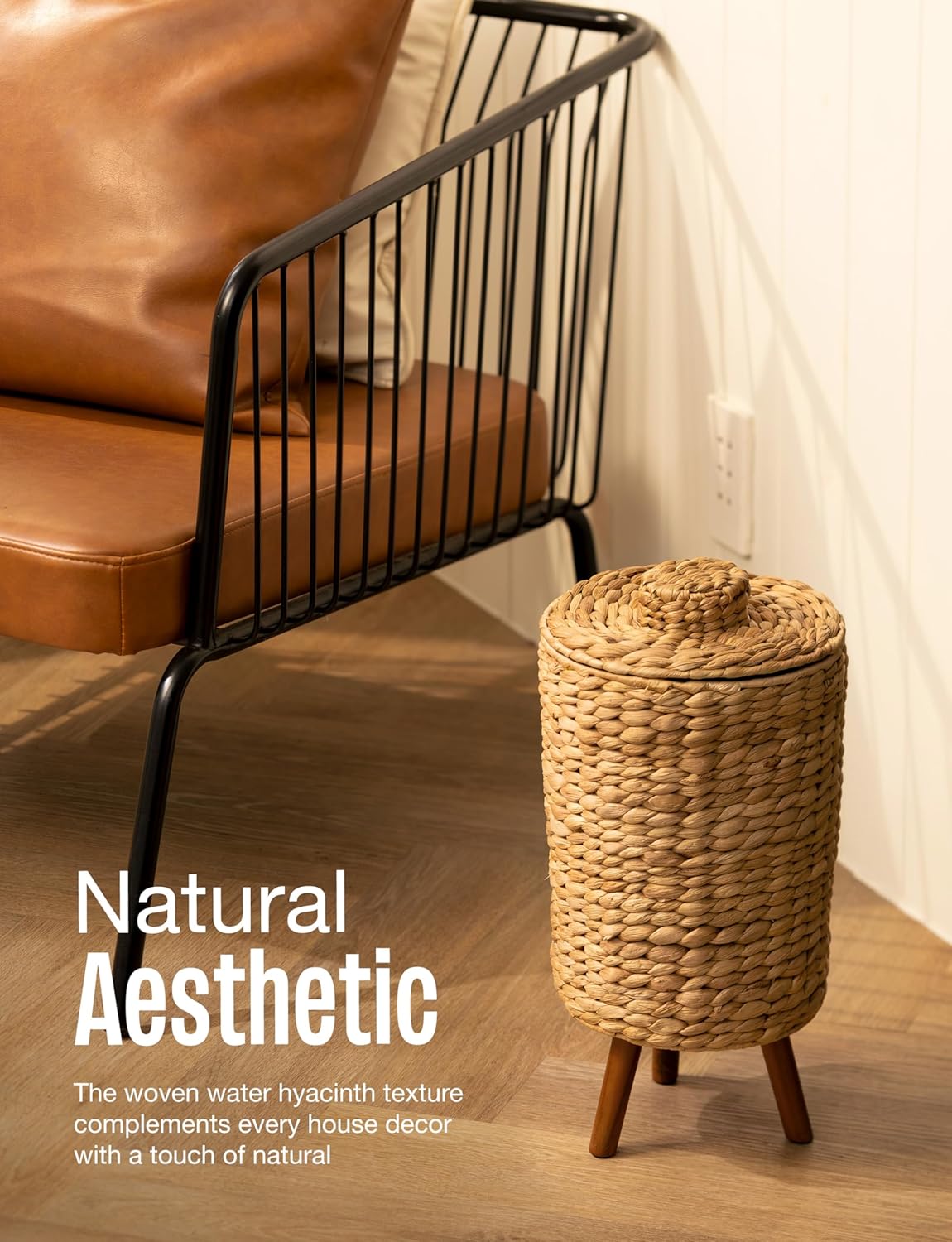 2 Gallon Wicker Trash Can with Lid, Water Hyacinth Wicker Waste Basket for Bathroom - Decorative Bathroom Trash Can with Wooden Leg - Rattan Garbage Can with a Lid, Liner - Assembly Required