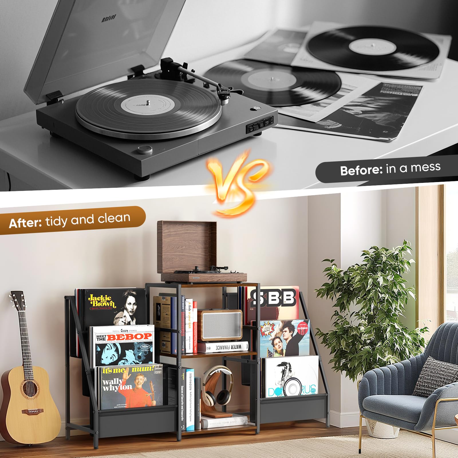 Plateau pour platine vinyle, support pour disques vinyles, support pour disques vinyles avec lecteur vinyle pour jusqu'à 300 albums, plateau pour platine vinyle avec lecteur multimédia vinyle