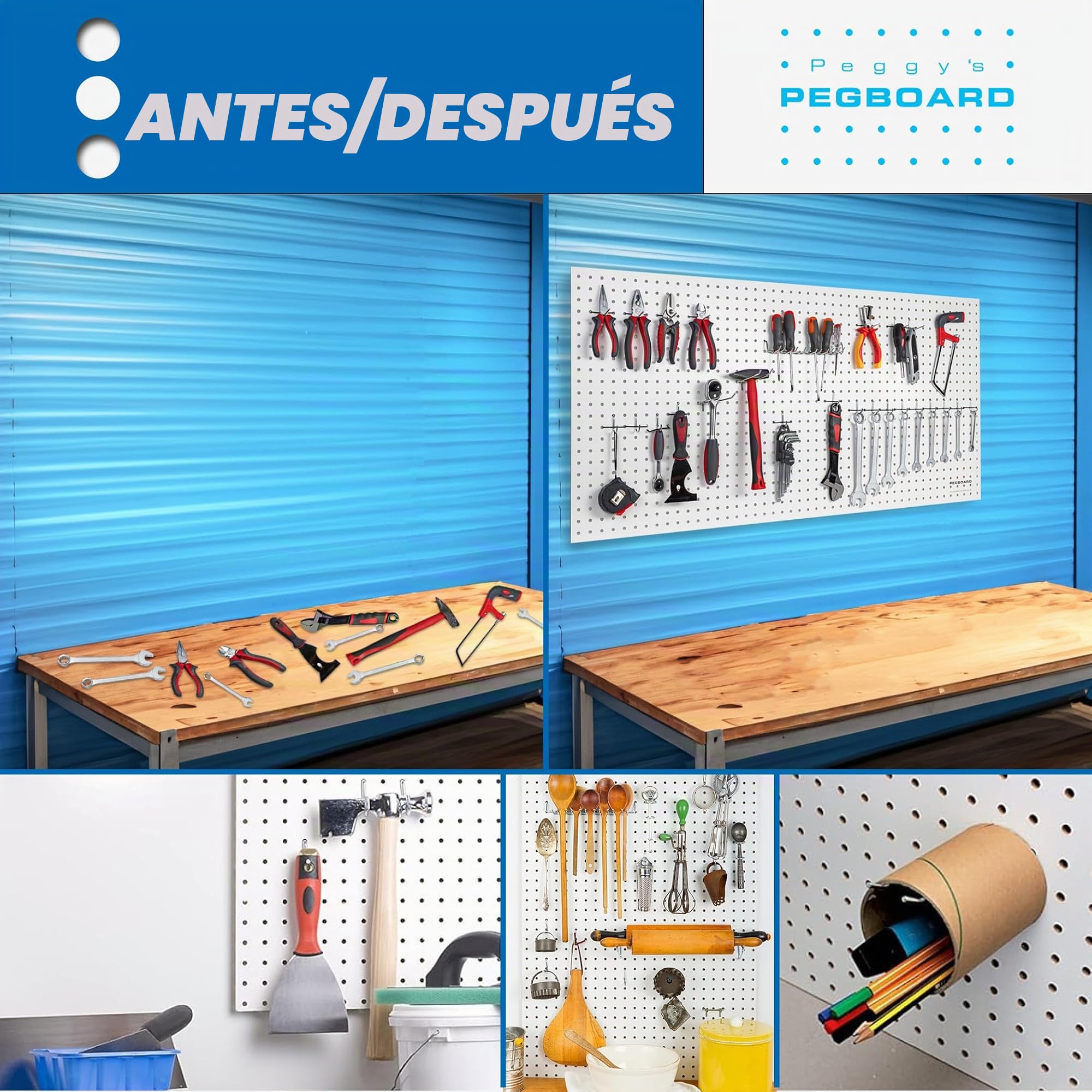 Panel para herramientas de madera, 120 x 60 x 0,5 cm, Perforación Ø 7 mm, MDF lacado en blanco, 2 unidades