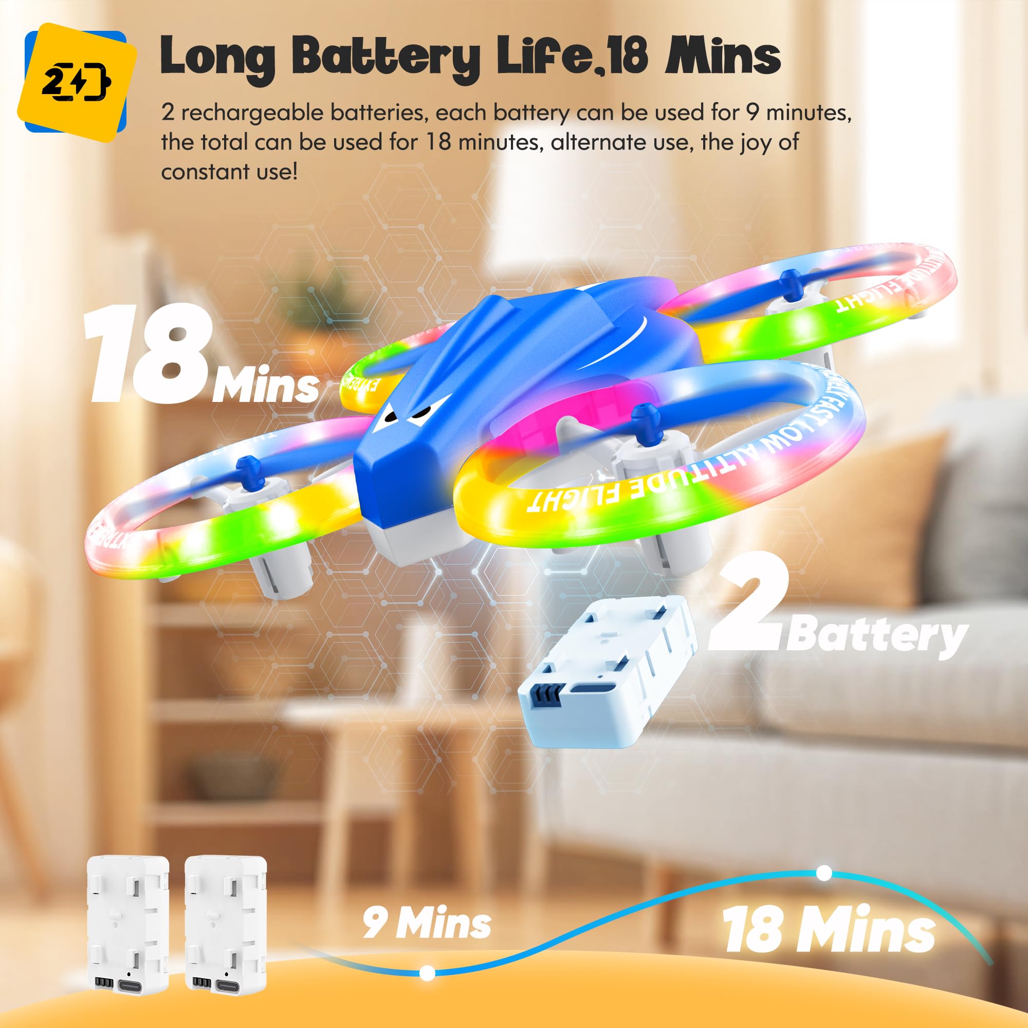 Drones for Kids With Cool Light, Kids Drone with 3D Flip, Altitude-Hold, Self-Rotation, Headless Mode, 3 Speed Modes, One-Click Take-off/Landing, Mini Drone for Christmas, Beginners, Indoor
