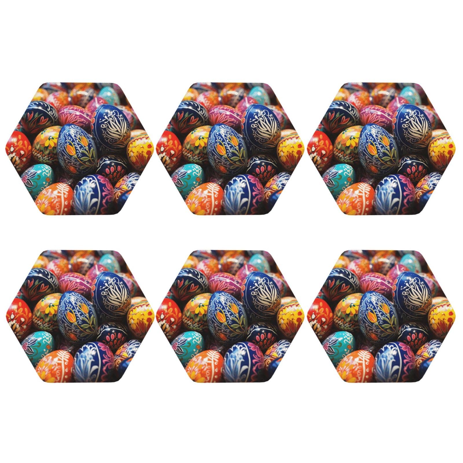 6pcs Leather Coasters for Drinks, Colorful Hand Painted Easter Eggs Drink Coasters for Tabletop Protection, 4" Cup Coasters for Coffee Table Decor, Non-Slip Drinking Cup Mat for Hot Or Cold Drink