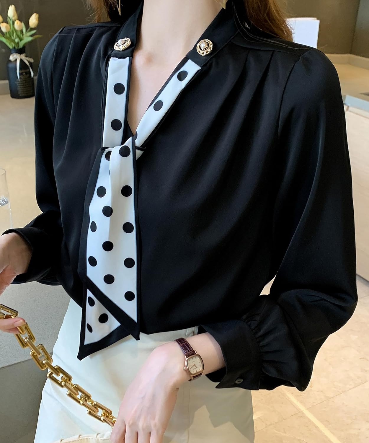 LAI MENG FIVE CATS Women's Tie V-Neck Long Sleeve Elegant Shirt Casual Loose Blouse Top - Image 5