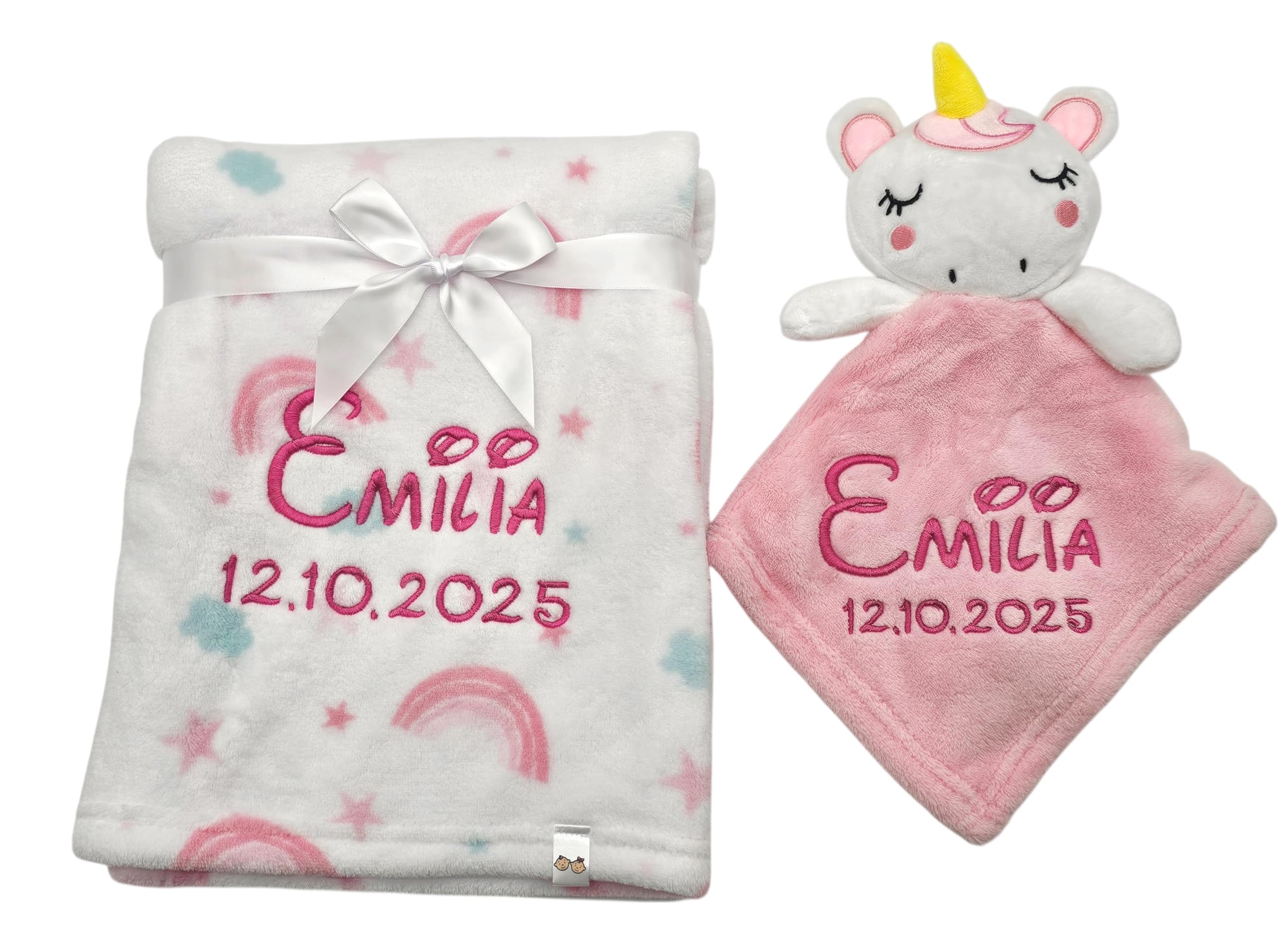 KIDDI-MEDIA Babydecke inklusive Trösterchen mit Name und Geburtsdatum Bestickt/kuschelig weich / 1A Qualität (Rosa Einhorn Regenbogen)