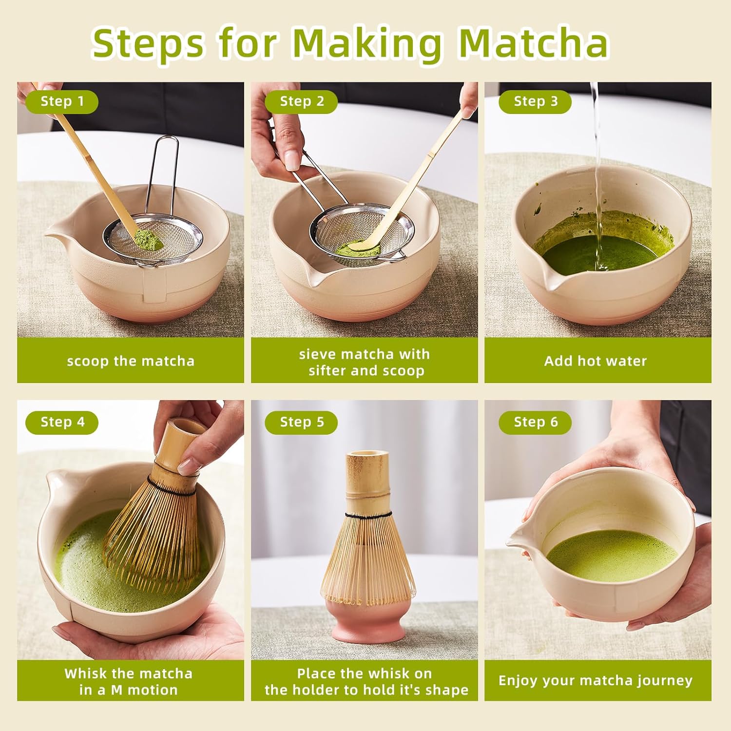 Matcha Whisk Set, Matcha Set Includes 2X Matcha Whisk, Matcha Bowl and Chasen Holder, Bamboo Scoop, Scoop Rest, Sifter - 7 Pcs Matcha Kit for Tea Ceremony, Gift for Matcha Lover (Yellow to Orange)