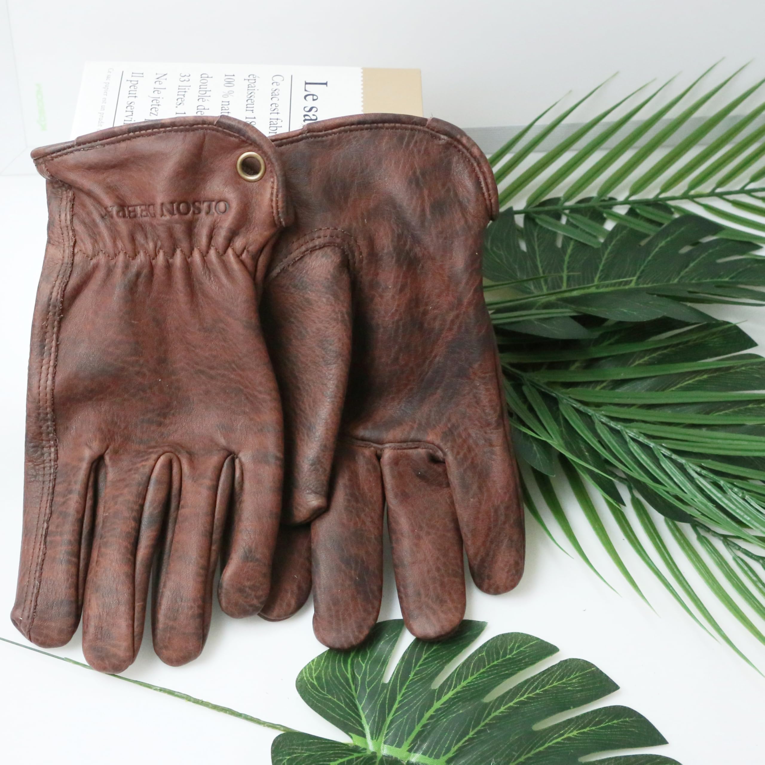 OLSON DEEPAK Mens Cowhide Leather Work Gloves Medium,Oiled Leather Gardening Gloves Womens,Utility Safety Working Gloves for Campinging/Welding/Driving/BBQ/Bushcraft,Retro Motorbike - Image 2