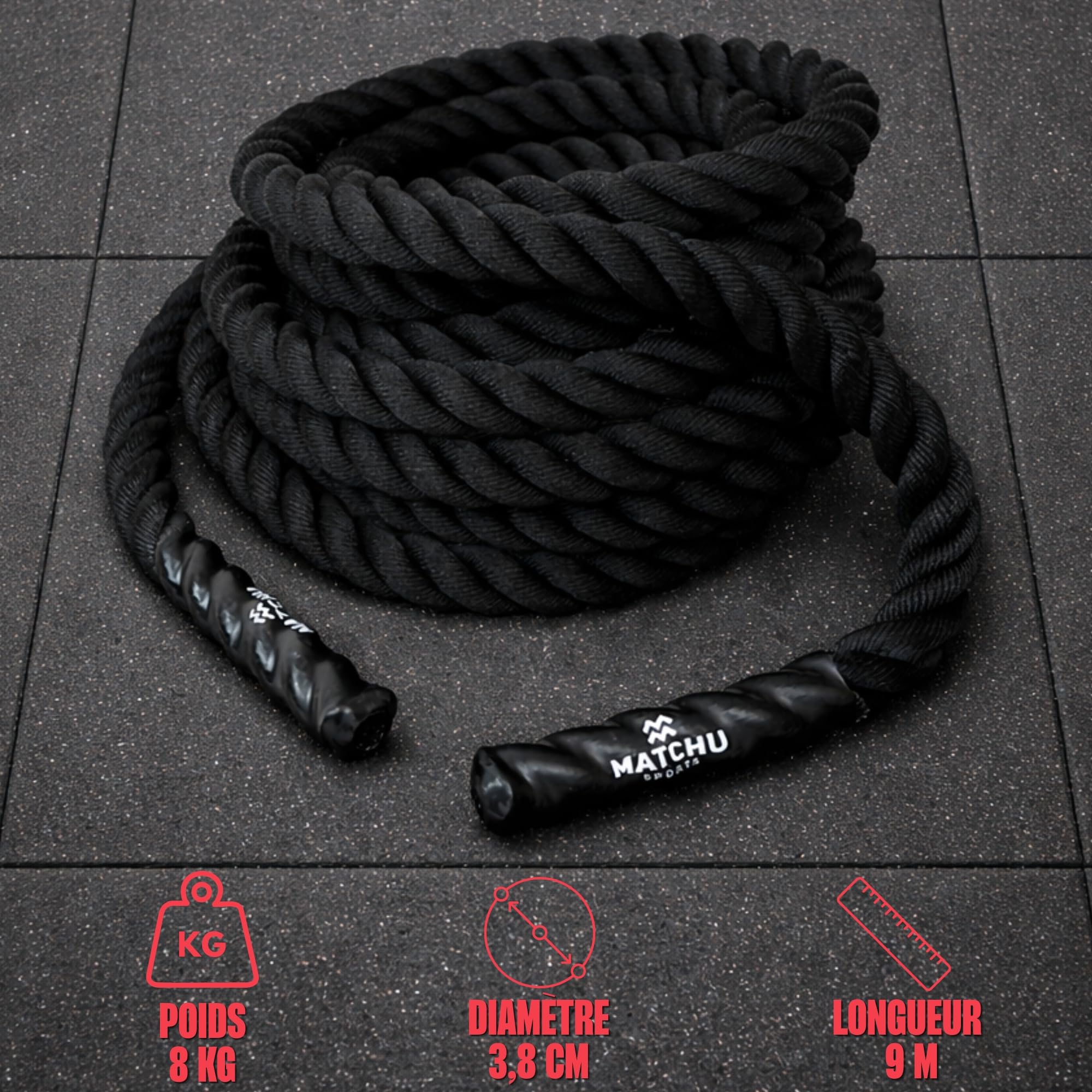 MATCHU - Corde Ondulatoire - 9M x 38MM - Polyester Tissé - 8KG - Noir