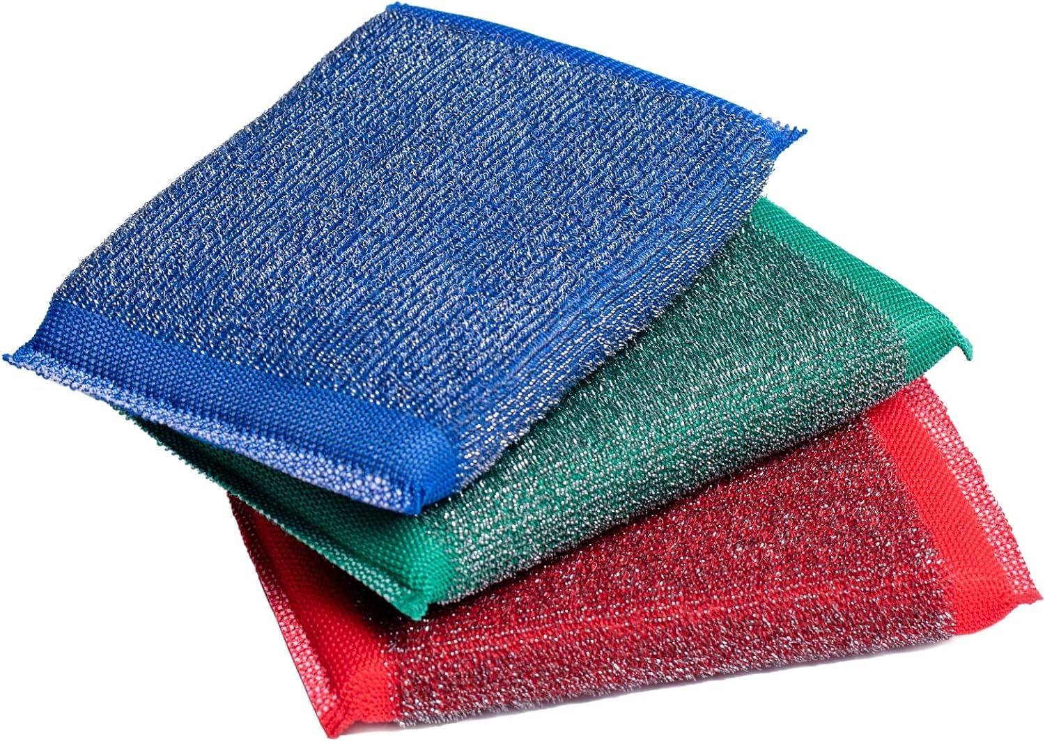 3Pcs Muticolor Iron Scouring Pads – Incredibly Tough, Heavy Duty and Long-Lasting Scrubbing Sponges. for Pots, BBQ Grills, Microwaves and Stovetops Household Cleaning Sponges (Blue, Green, Red)