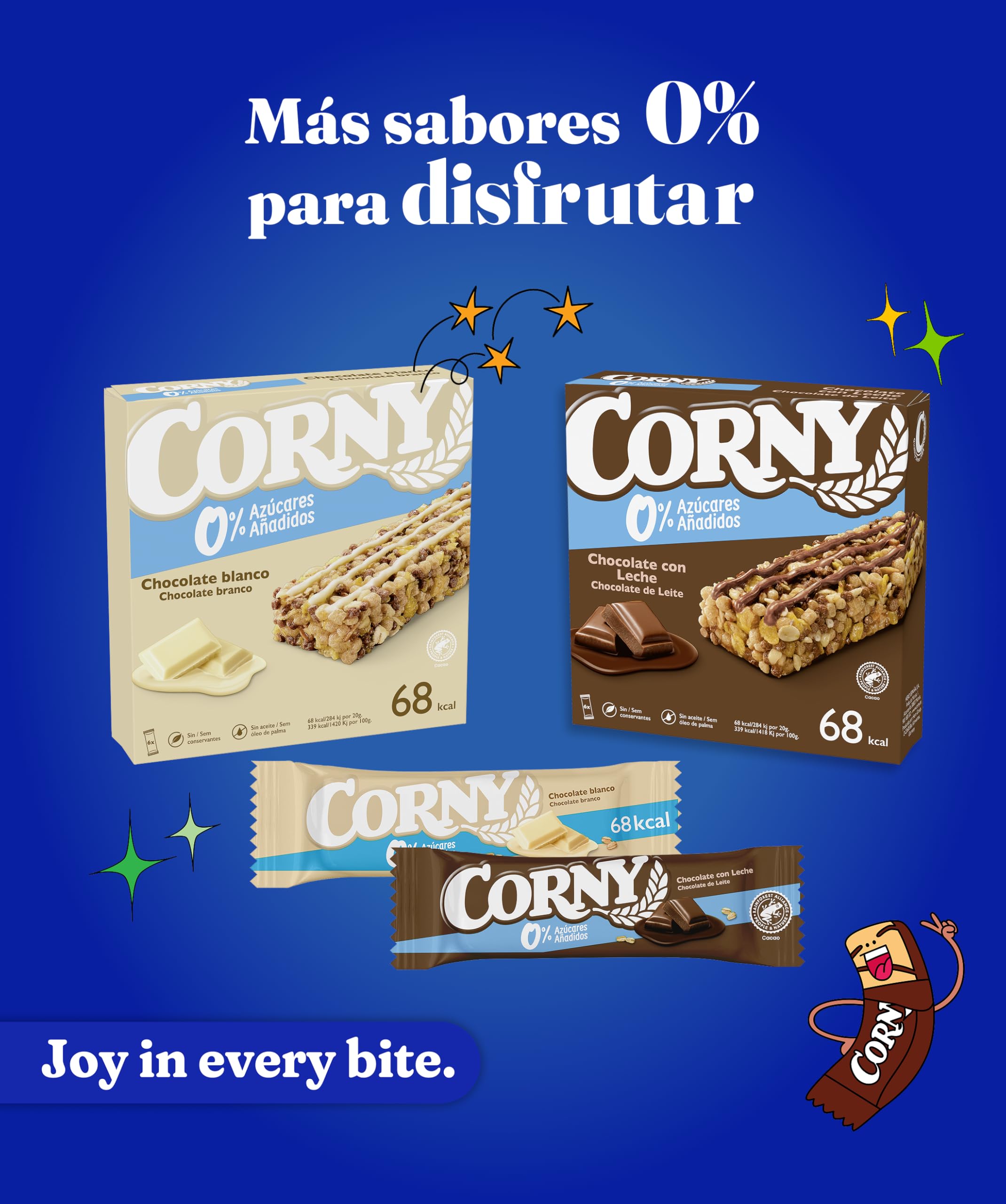 Corny 0%, Barrita de Cacahuetes y Chocolate con Leche, Sin Azúcares Añadidos, Con Cereales Integrales, Sabor Crujiente y Delicioso, Pack 10 estuches con 6 barritas 10x(6x20g)