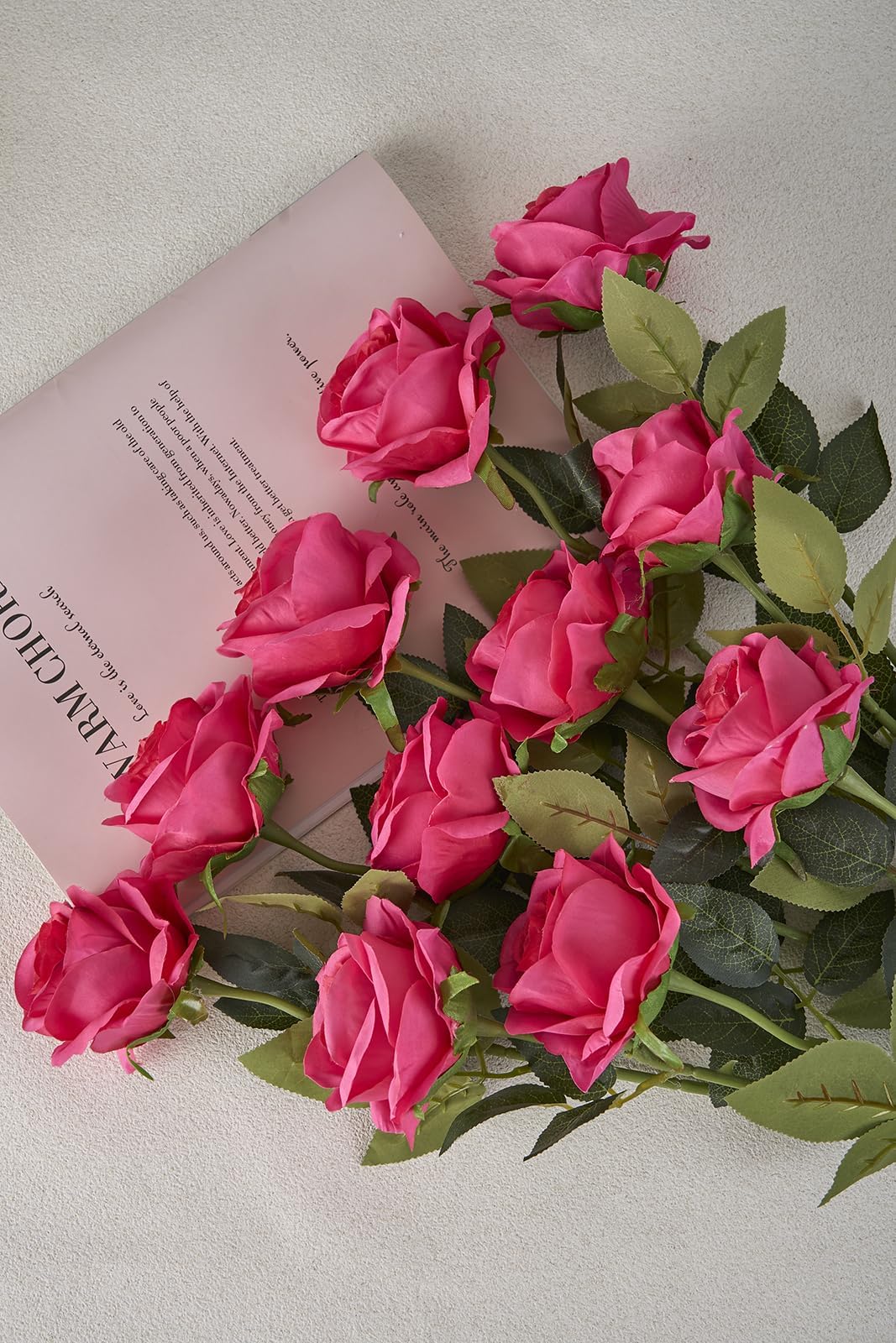 Laelfe 12 Pcs Hot Pink Roses Artificial Flowers - Image 3