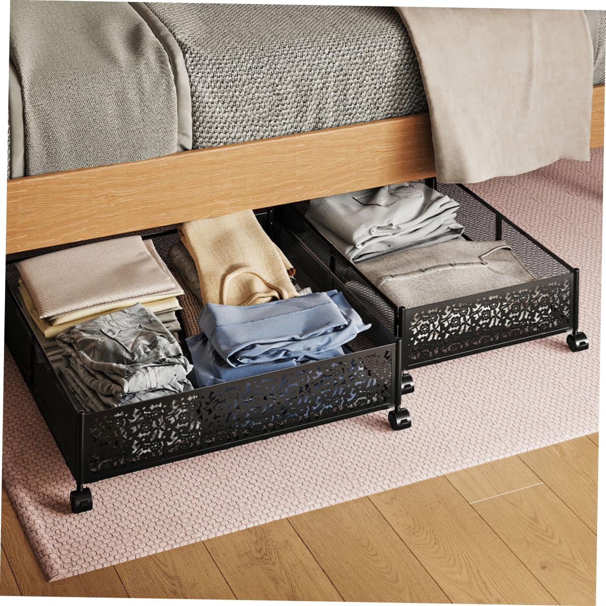under Bed Organizer Wheels Stainless Steel Storage Rack for Space Saving Mesh Design for Clothes and Bedding Easy to Move and Store