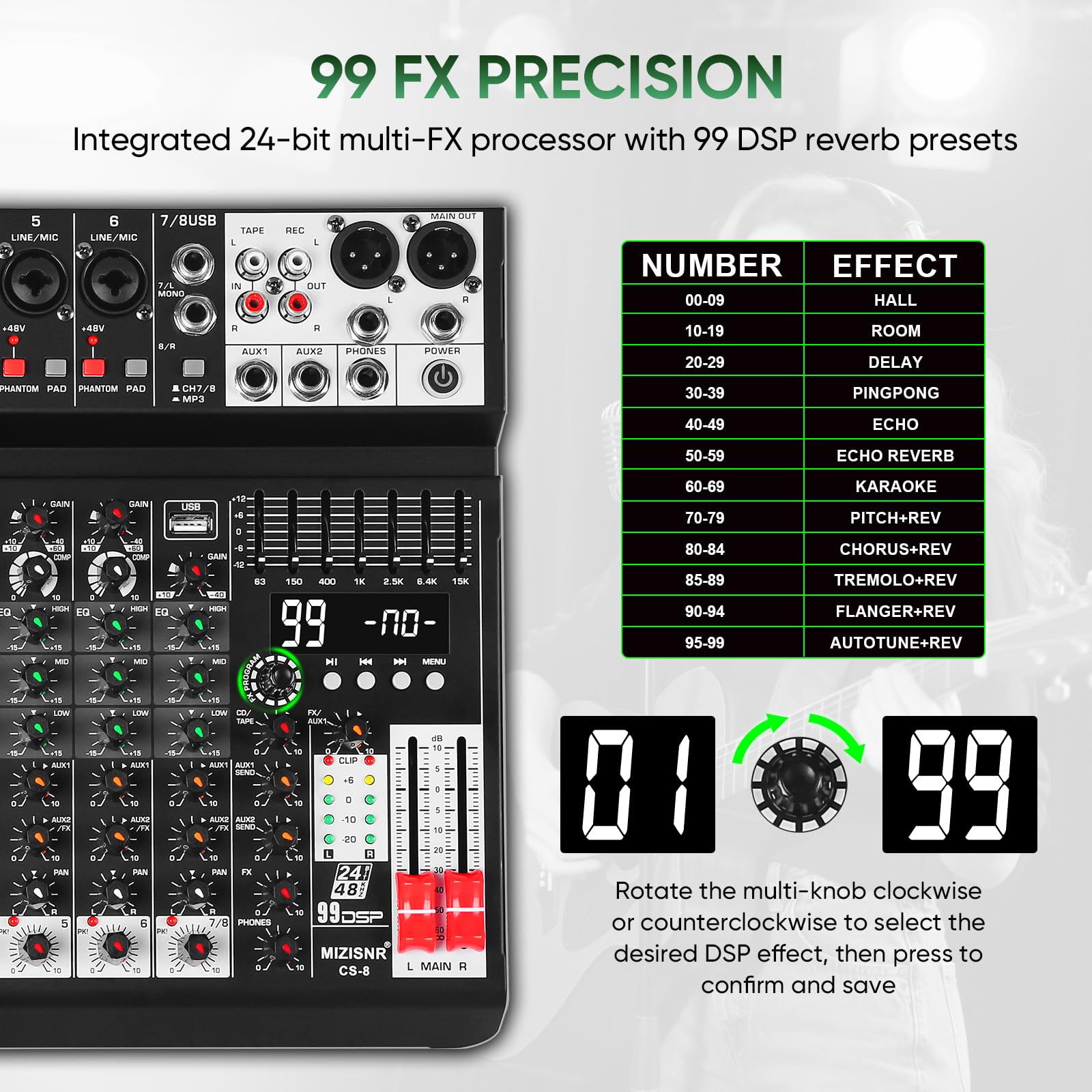 Audio-Mixer, 8-K-Sound-Mixer-Konsole, professionelles Musik-Mischpult, DJ-Mixer mit 99 DSP, 7-Band-EQ, USB, Bluetooth, 48 V Phantomspeisung & PAD-Funktion für Aufnahme von