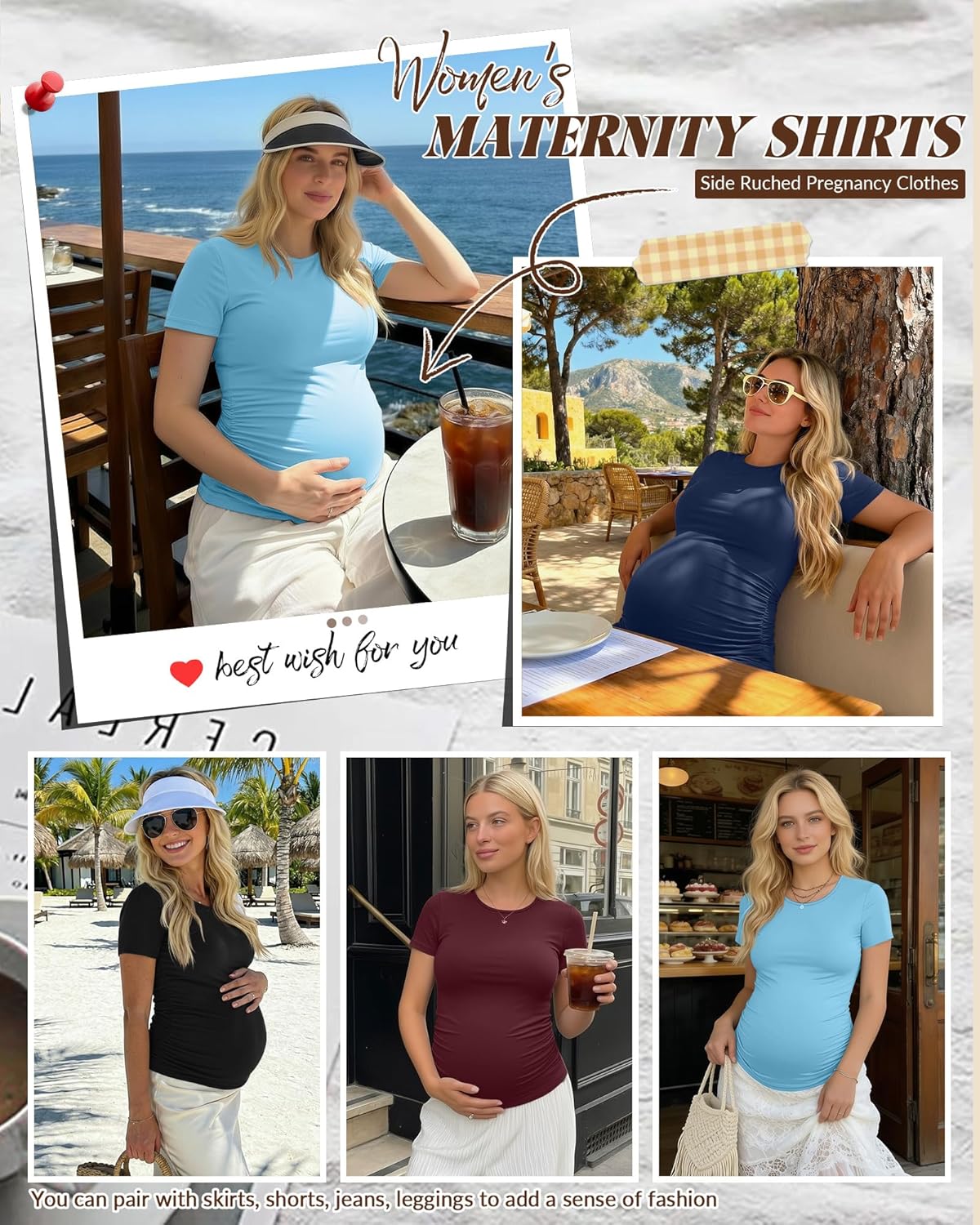 Huukeay 4 Pack Women's Maternity Shirts, Crew Neck Maternity Top Short Sleeve Casual Cotton Tee Side Ruched Pregnancy Clothes - Image 2