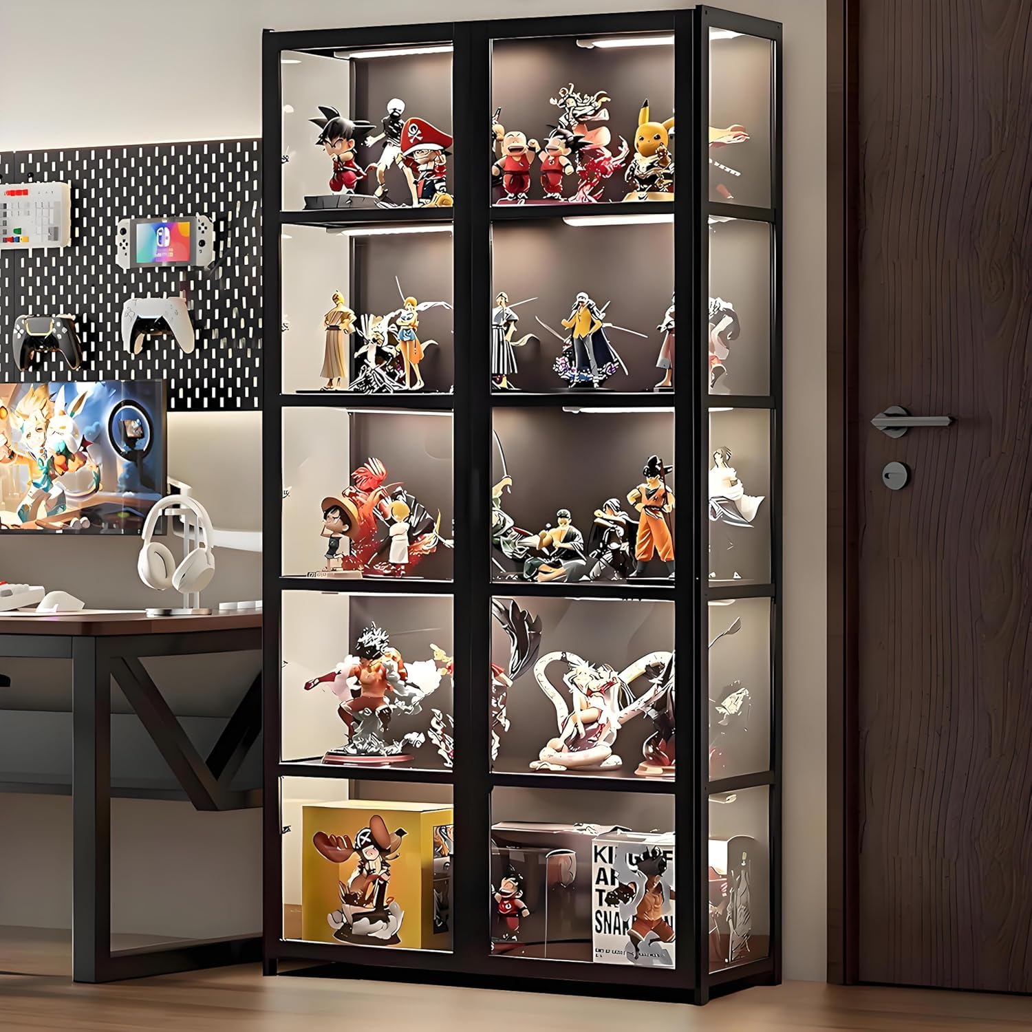 Vetrina anta vetro acrilico, vetrina 5 ripiani, organizer giocattoli collezione, libreria camera da letto, angolo lettura, bambini, bambù (porta a foglio nero)