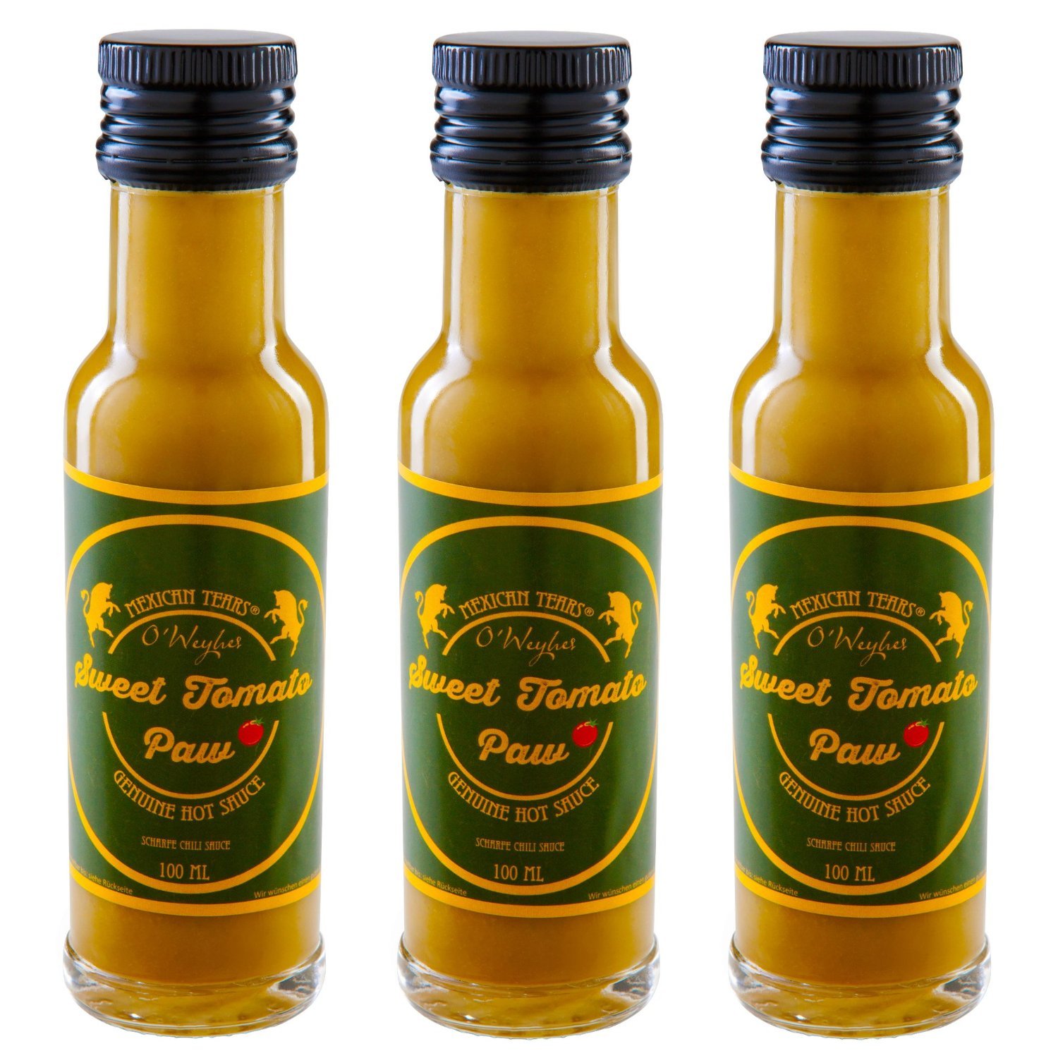 Mexican Tears® - Sweet Tomato Paw, 3 Pack Hot Chili Sauce, Hot Sauce Manufactured with Green jalapeños, Fleur de sel and Honey Vinegar [3x100ml Chilli Sauce]