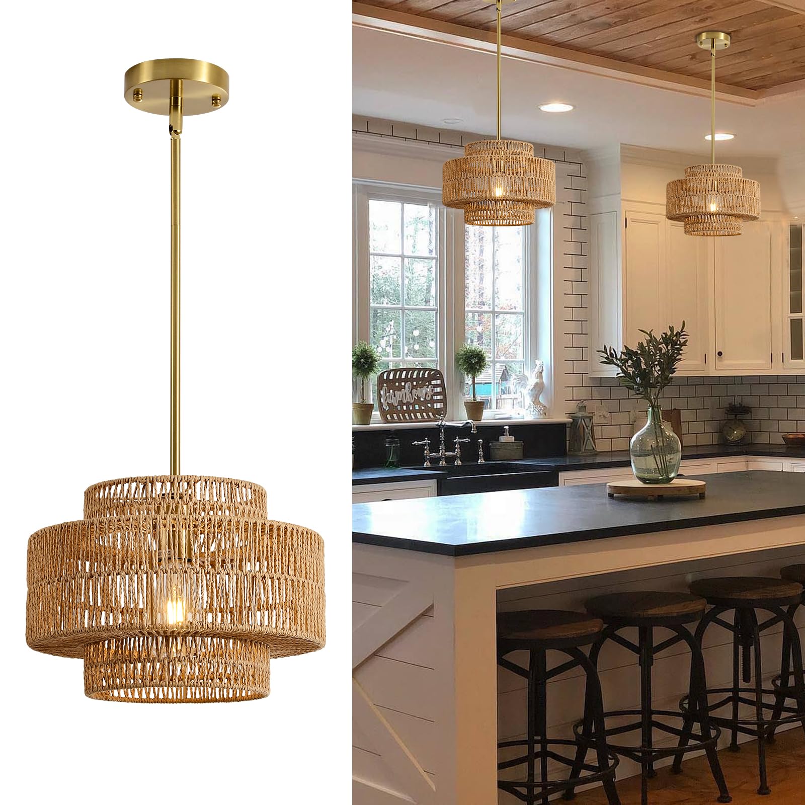 InterMaka 12.4" Boho Rattan Style Pendant Lamp, 1 Light Fixture, Hand Woven, Rustic Style, for Kitchen, Bedroom, Dining Room, Living Room, Entrance Hall, Entrance Hall