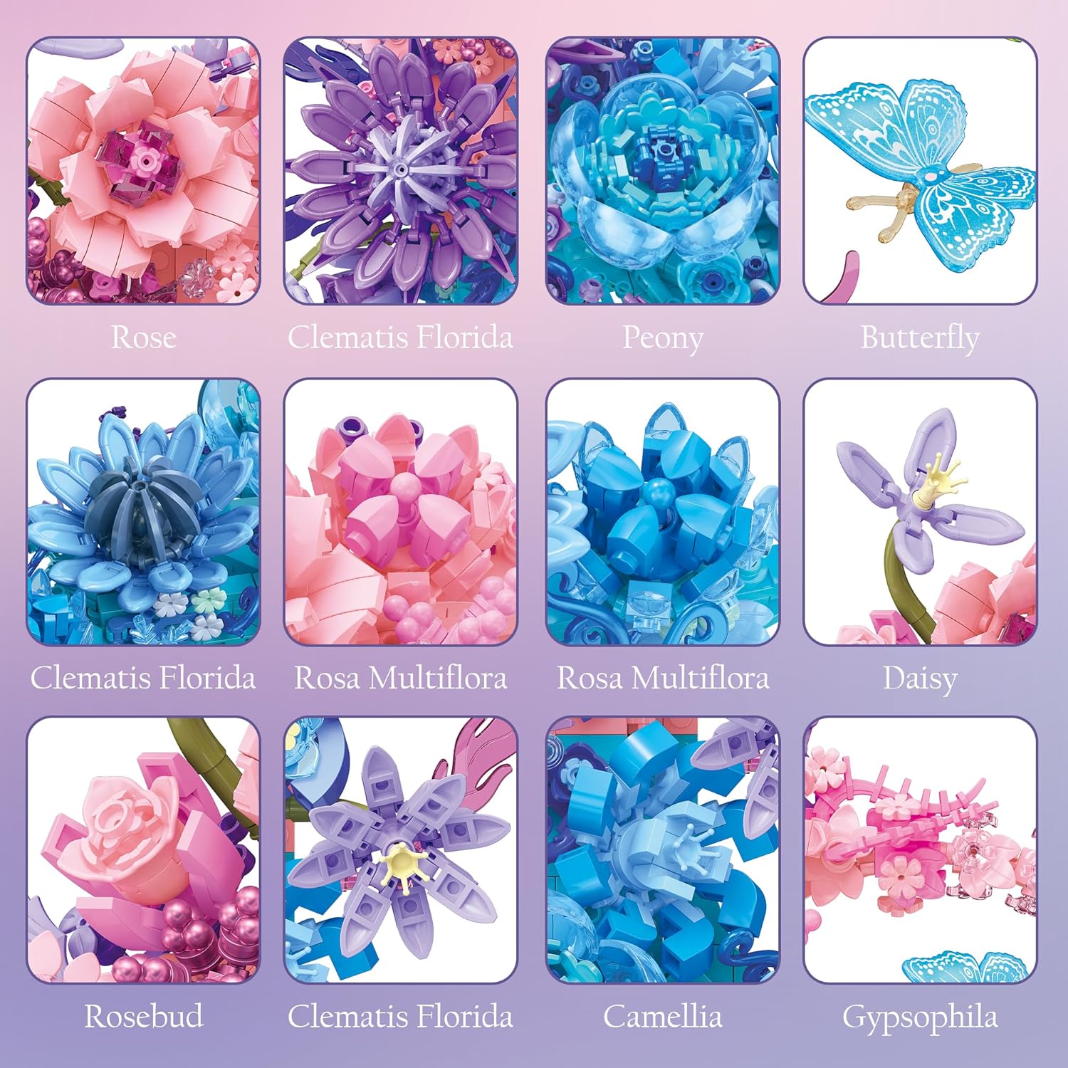 Moon Flower Building Set, 977 PCS Artificial Botanical Collection (Rose Peony Camellia), Crescent-Shaped Wall Art or Desk Decor for Home Office, Birthday Mothday's Day Gifts for Women Adult