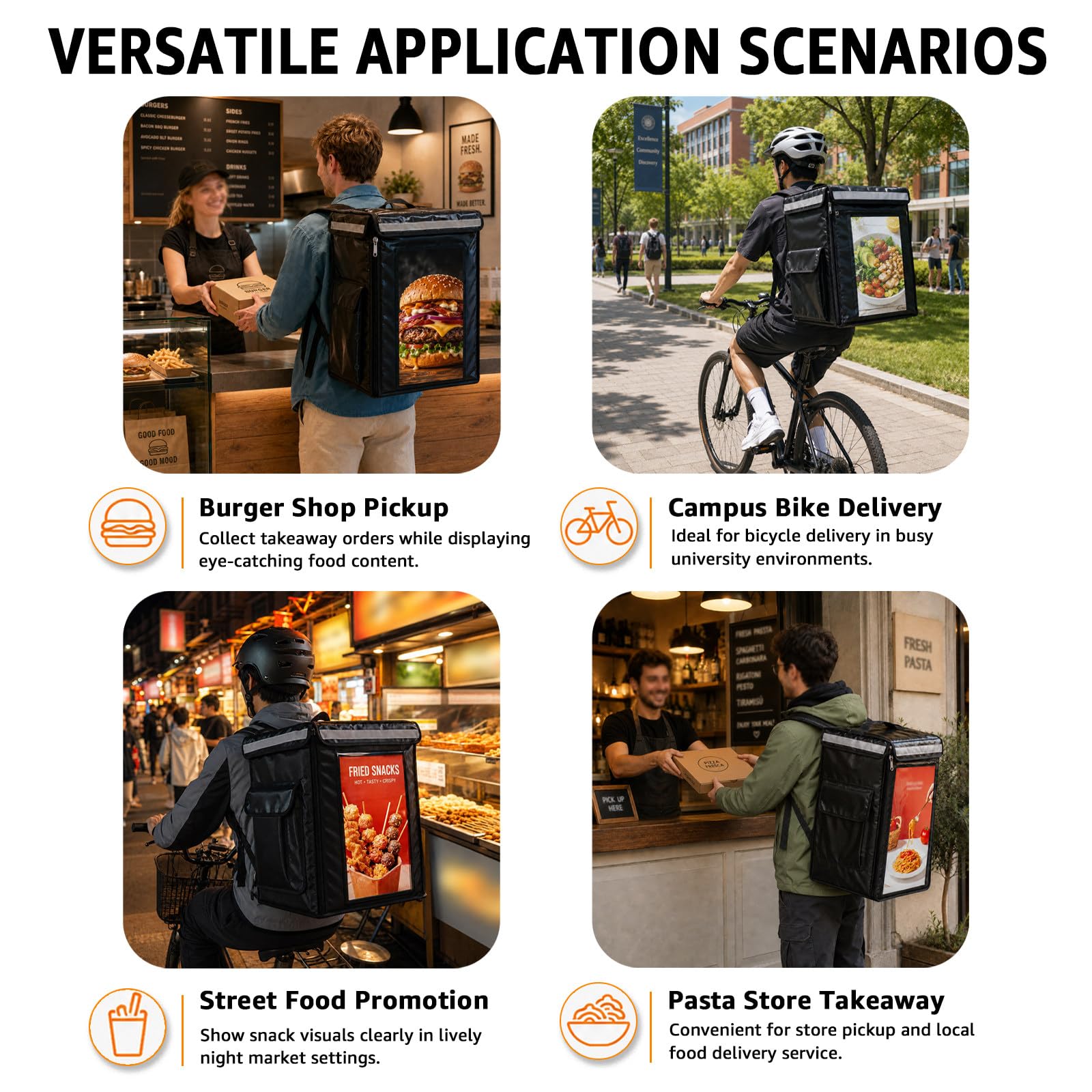 Mochila Térmica de Reparto con Pantalla, Tamaño de 43 × 36 × 51 cm | Resolución 1080P, Visión de 180° y Brillo Automático para Restaurantes, Campus y Zonas Peatonales Concurridas