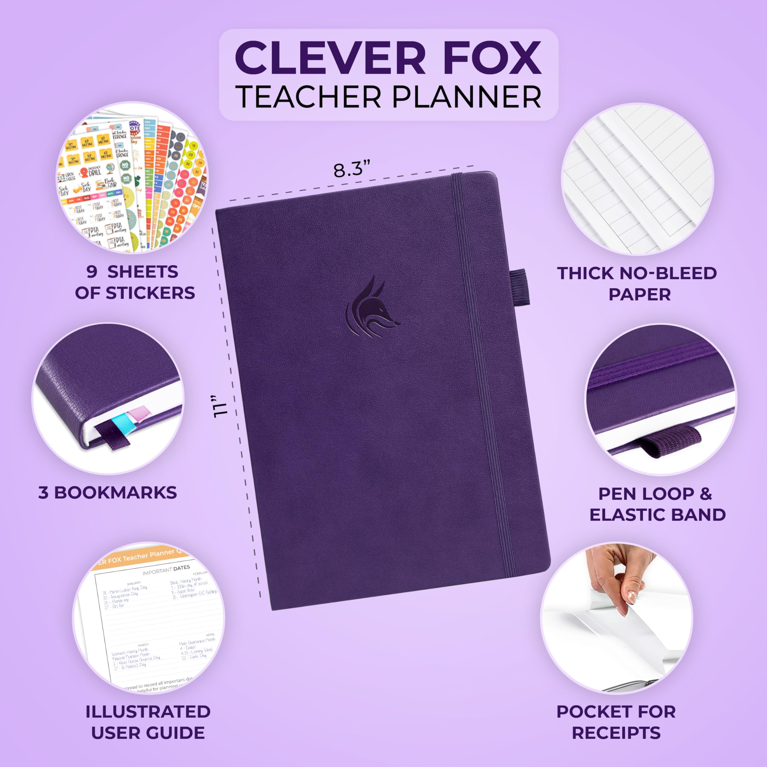 Clever Fox Planer nauczyciela, planer roku szkolnego z kalendarzami i planami lekcji, książka do organizacji klasy i szkoły domowej, A4, fioletowy