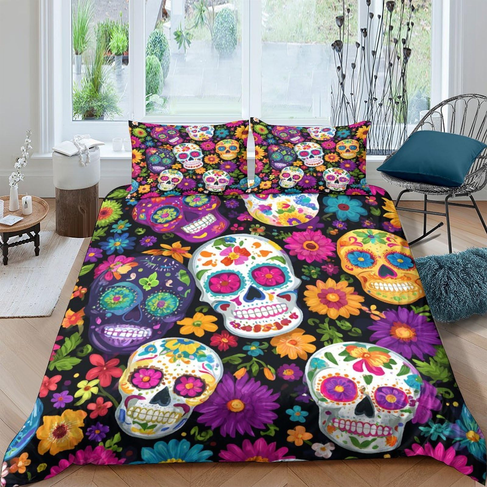 Ctjqhvkz Style-3 3D Printed Sugar Skull Fitted Sheet Microfiber Colourful Floral Bed Cover For Bedroom Dorm Mattress Decor Single（135X200cm）