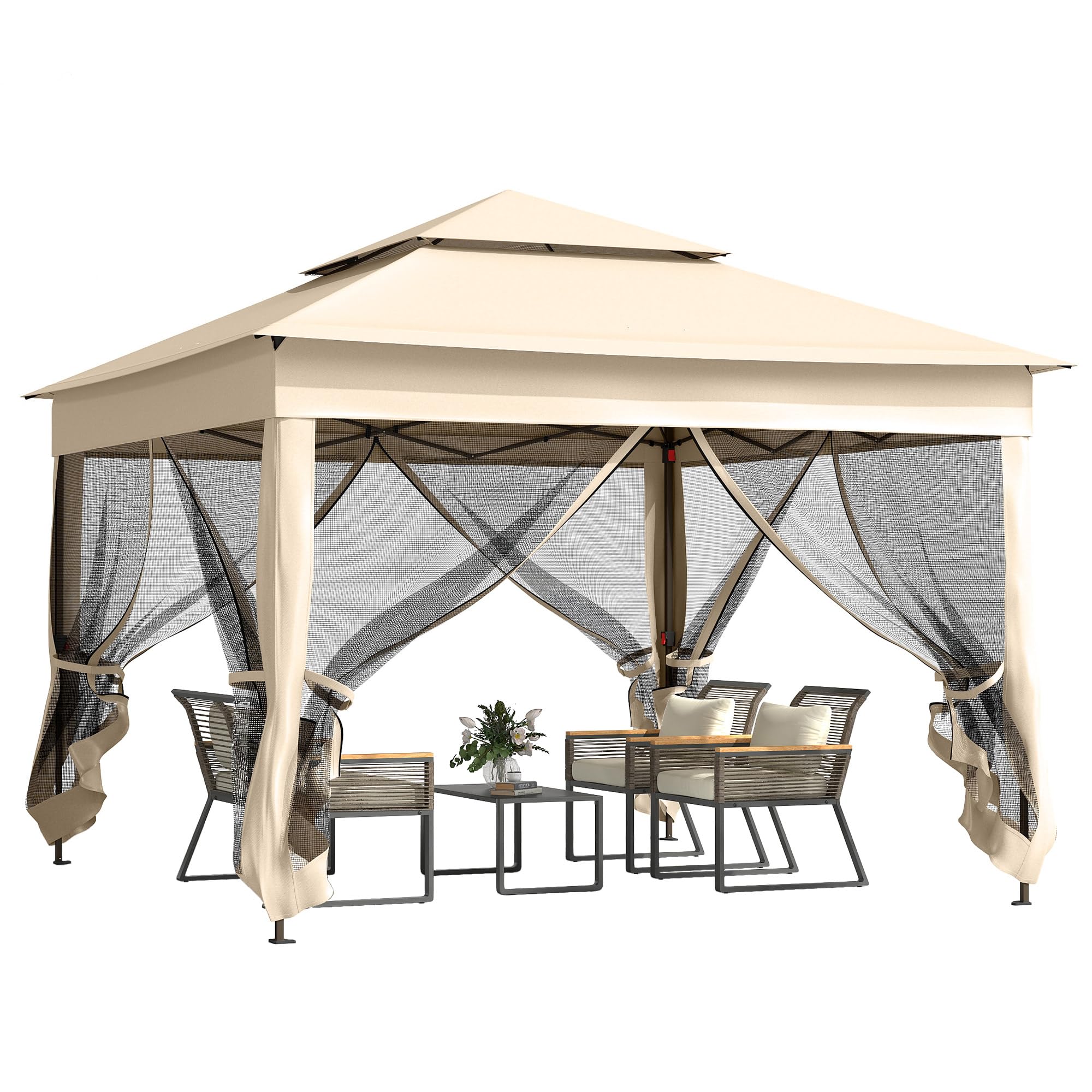Outsunny Gazebo da giardino pieghevole pop-up Barum, 3 x 3 m, poliestere metallico, protezione UV impermeabile, zanzariera + borsa di trasporto, crema