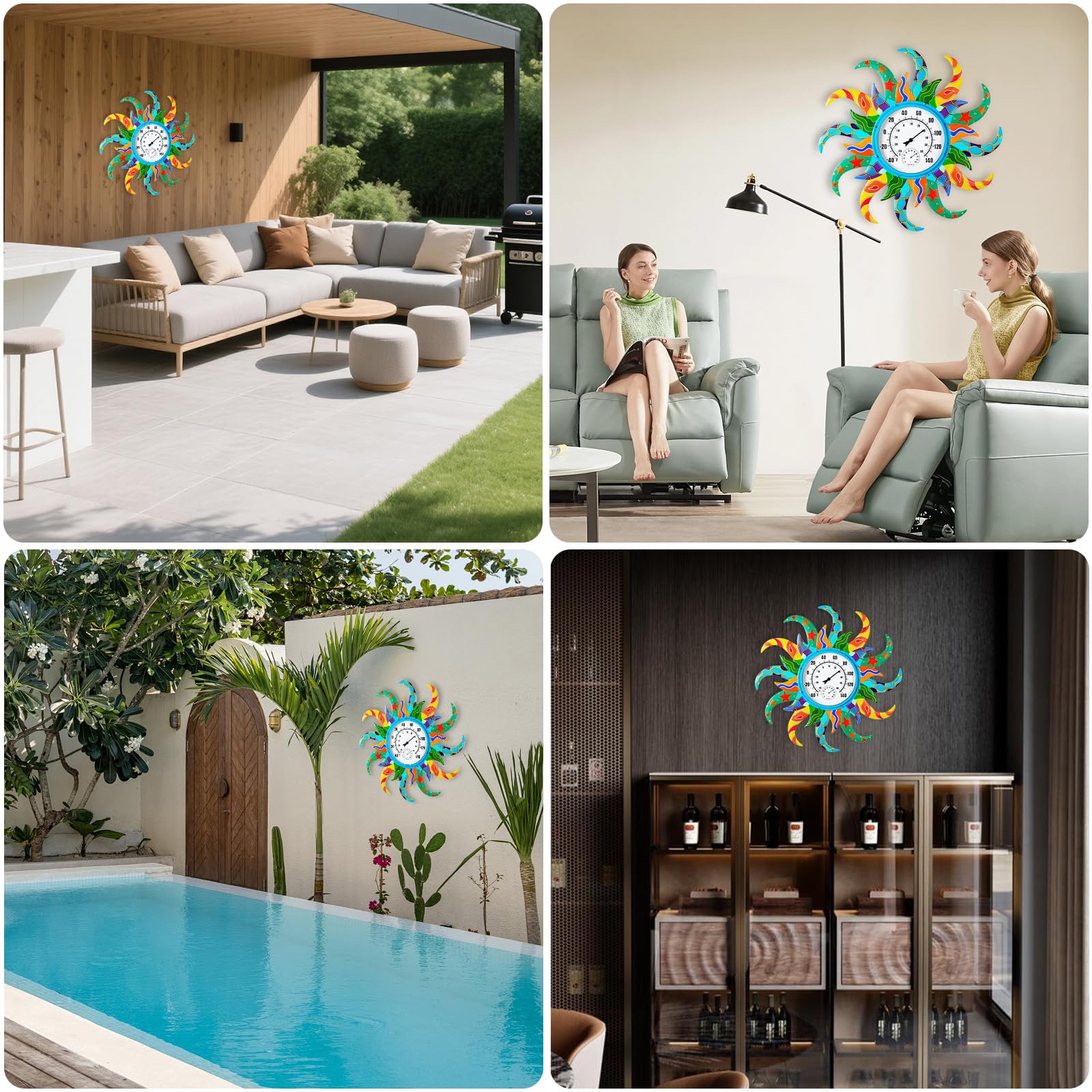 Sun, termometro e igrometro per interni ed esterni, 63 cm, termometro da parete per esterni, senza batteria, termometro decorativo da esterno facile da leggere per patio, giardino, ufficio, soggiorno
