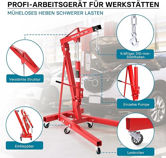 Foldable Engine Crane for Weights up to 1T and Extendable Lifting Arm 857-1133 mm