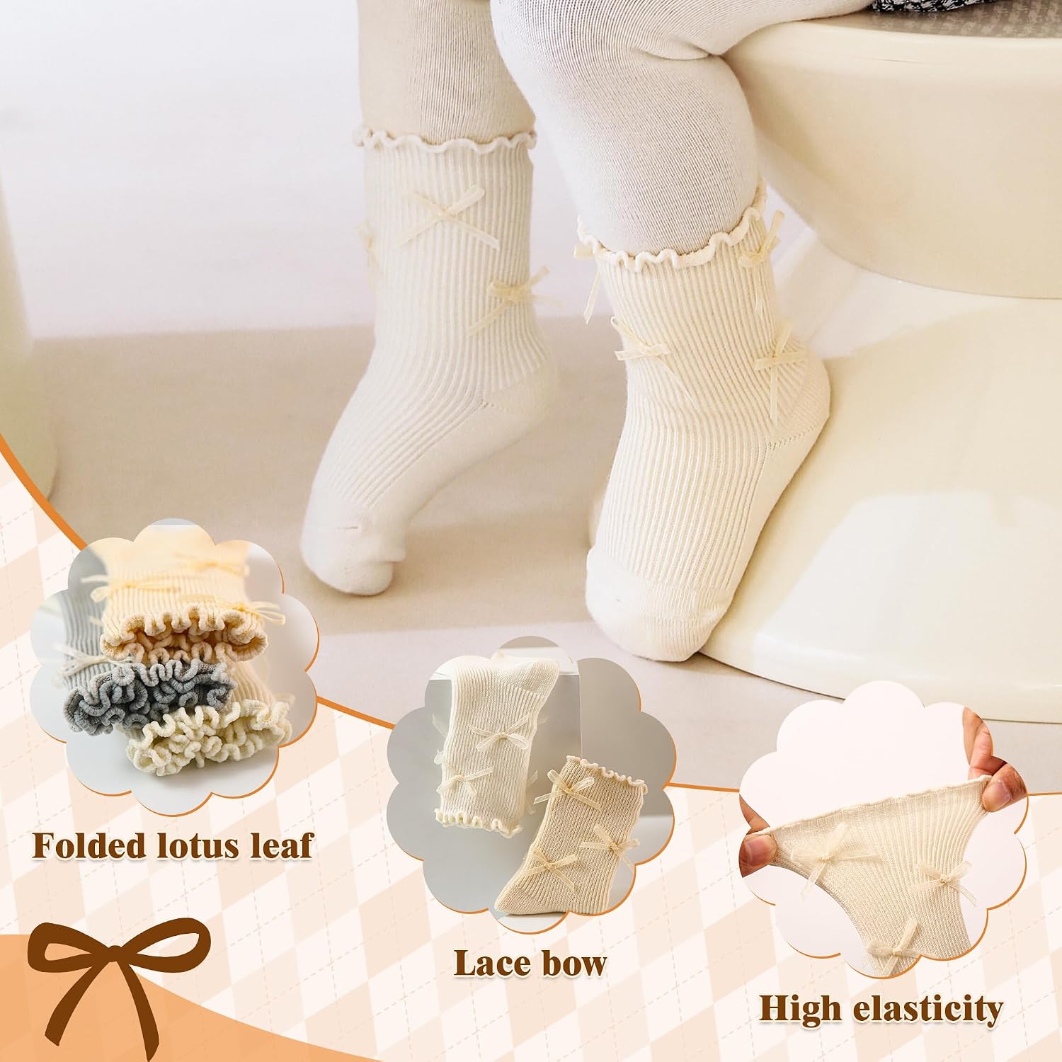 Lace-Trimmed Baby Toddler Socks for Girls 0-8 Years, 5-Pack, Soft Cotton, Comfortable and Breathable, Bow Design