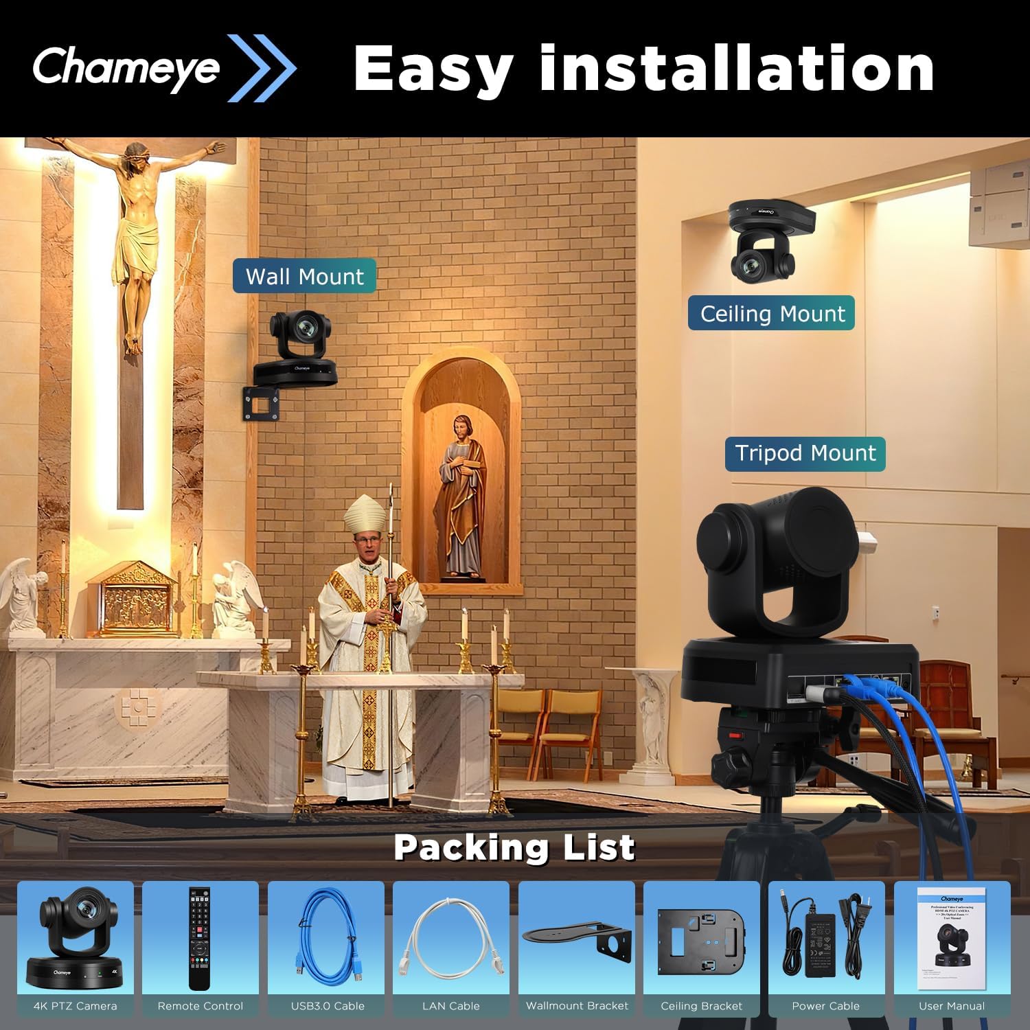 Chameye 4K PTZ Camera showing various installation options: wall mount, ceiling mount, and tripod mount.