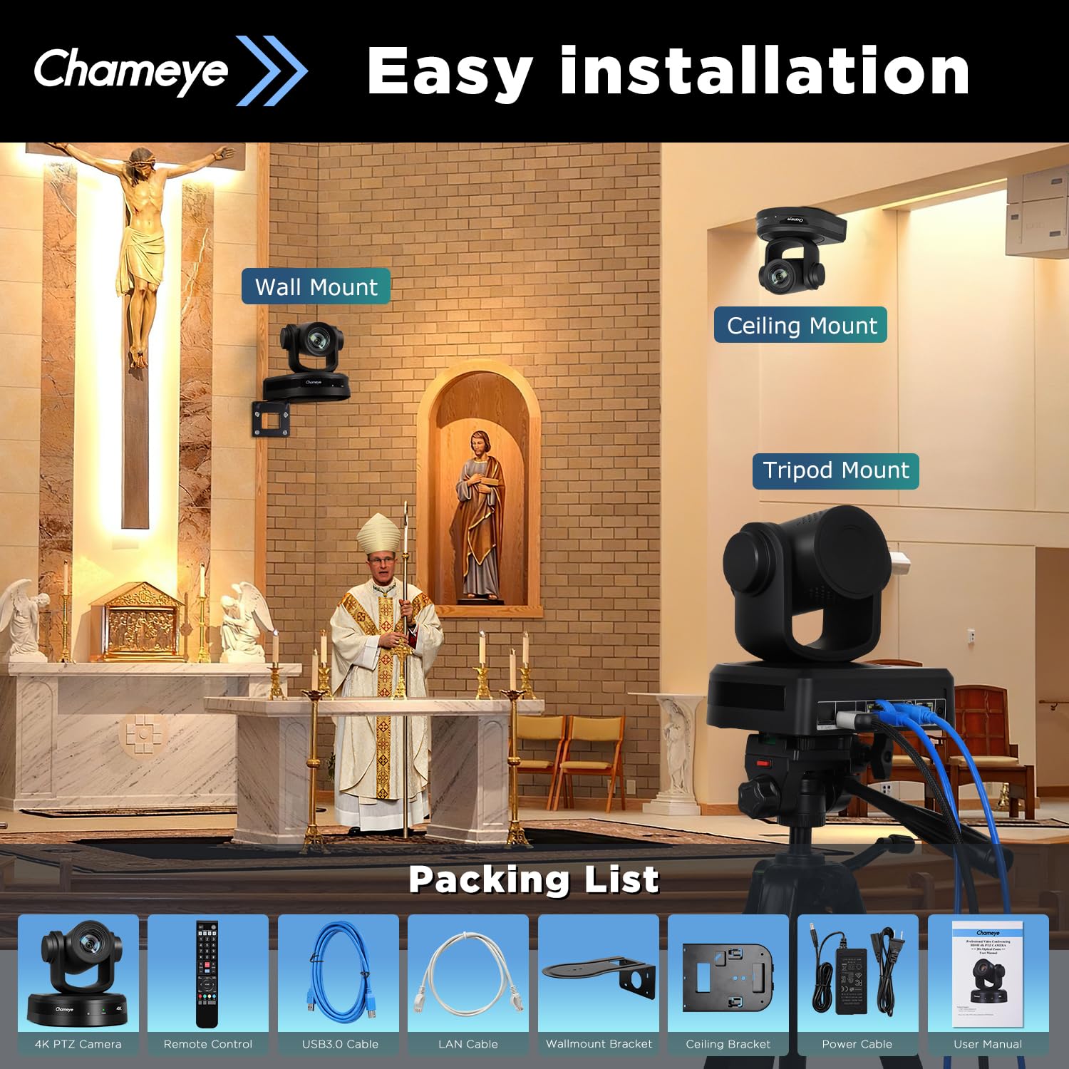 Chameye Telecamera 4K PTZ con 20x Zoom Ottico AI Tracciamento USB3.0/HDMI/LAN(PoE), Registrazione della scheda TF, Telecamera per Conferenze e Streaming in Chiesa Funziona YouTube/OBS (CH420)